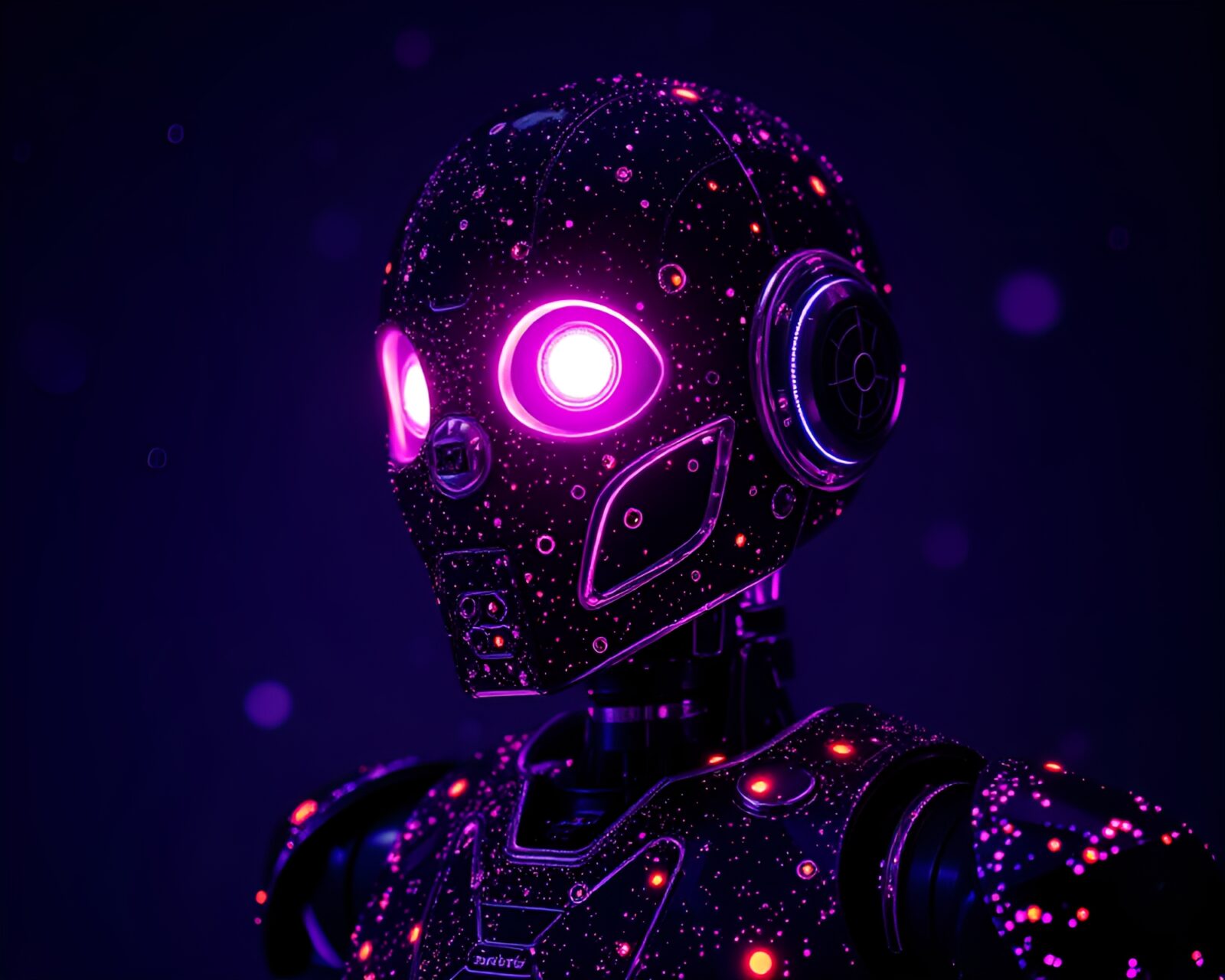 Robot covered in mildew under purple light stipple shading