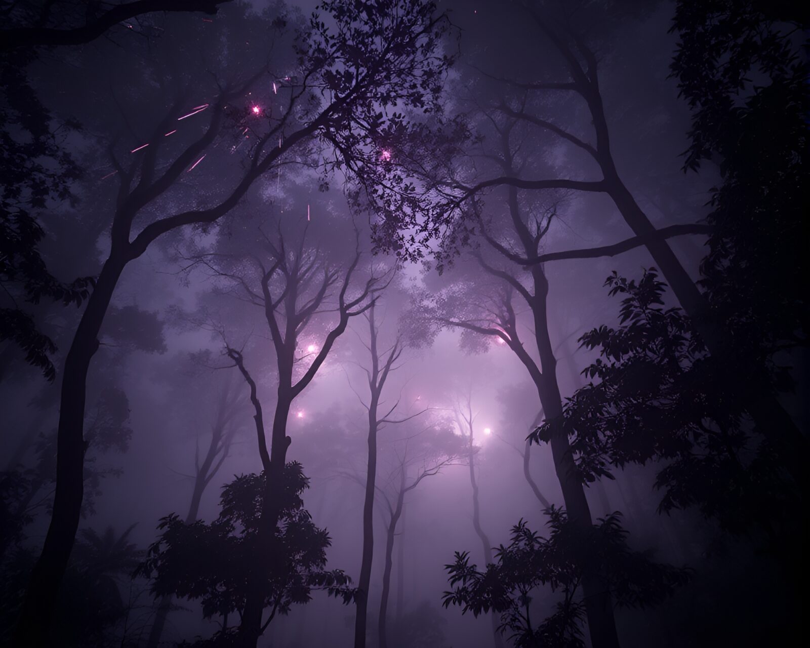 Vivid infrared image of smoky rainforest with sparkling trails