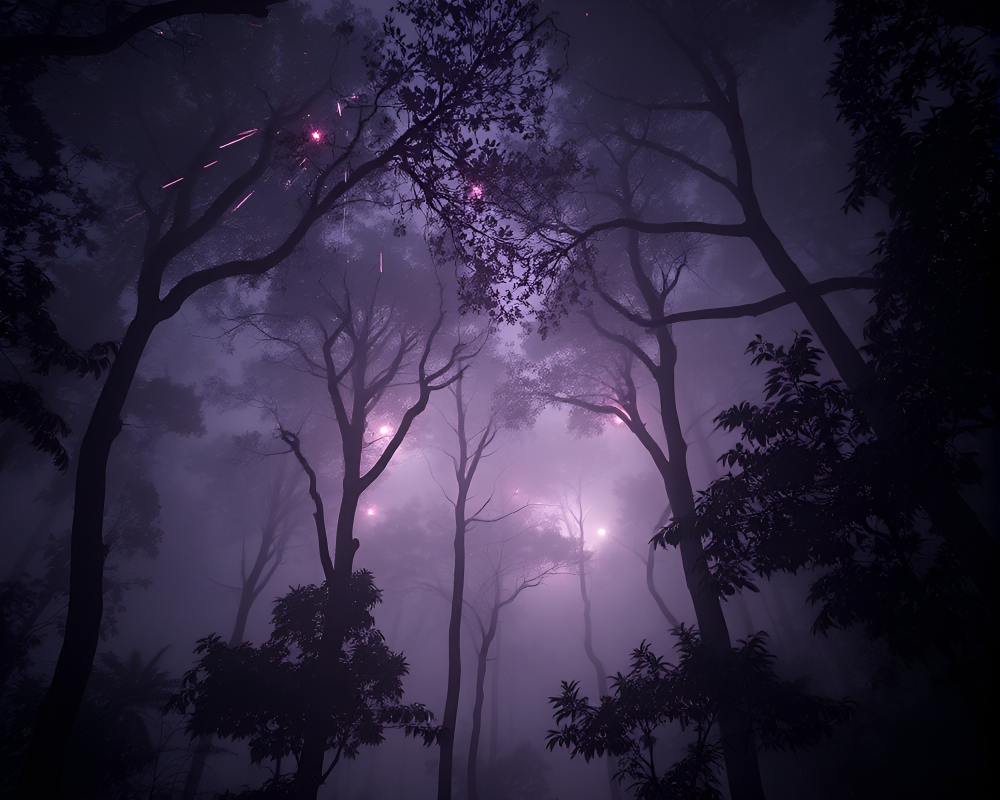 Enchanting Rainforest Canopy with Sparkler Trails – free AI stock image