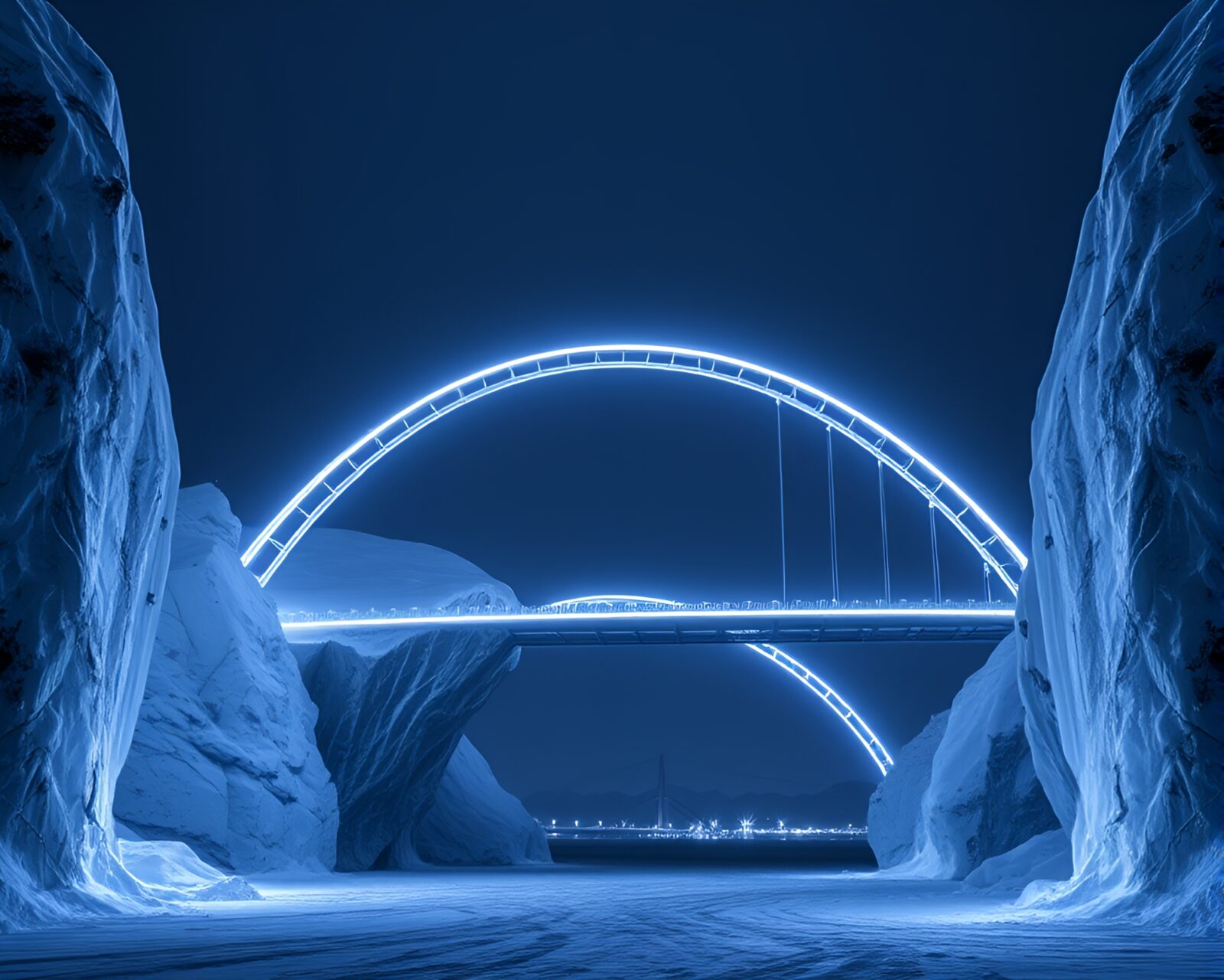 Glowing wireframe bridge in icy Antarctic surroundings