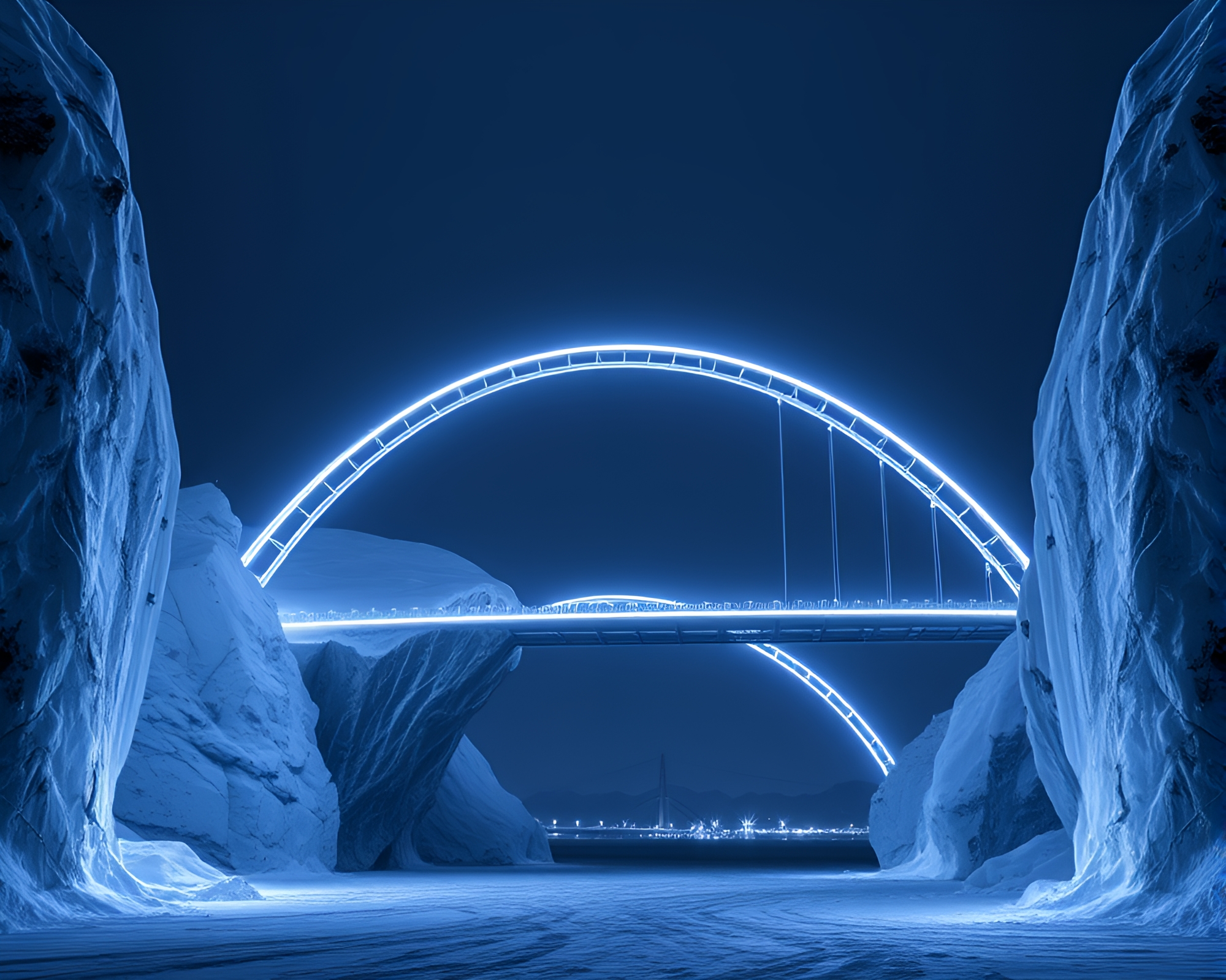 Neon Wireframe Arch Bridge in Antarctic Whiteout – free AI stock image