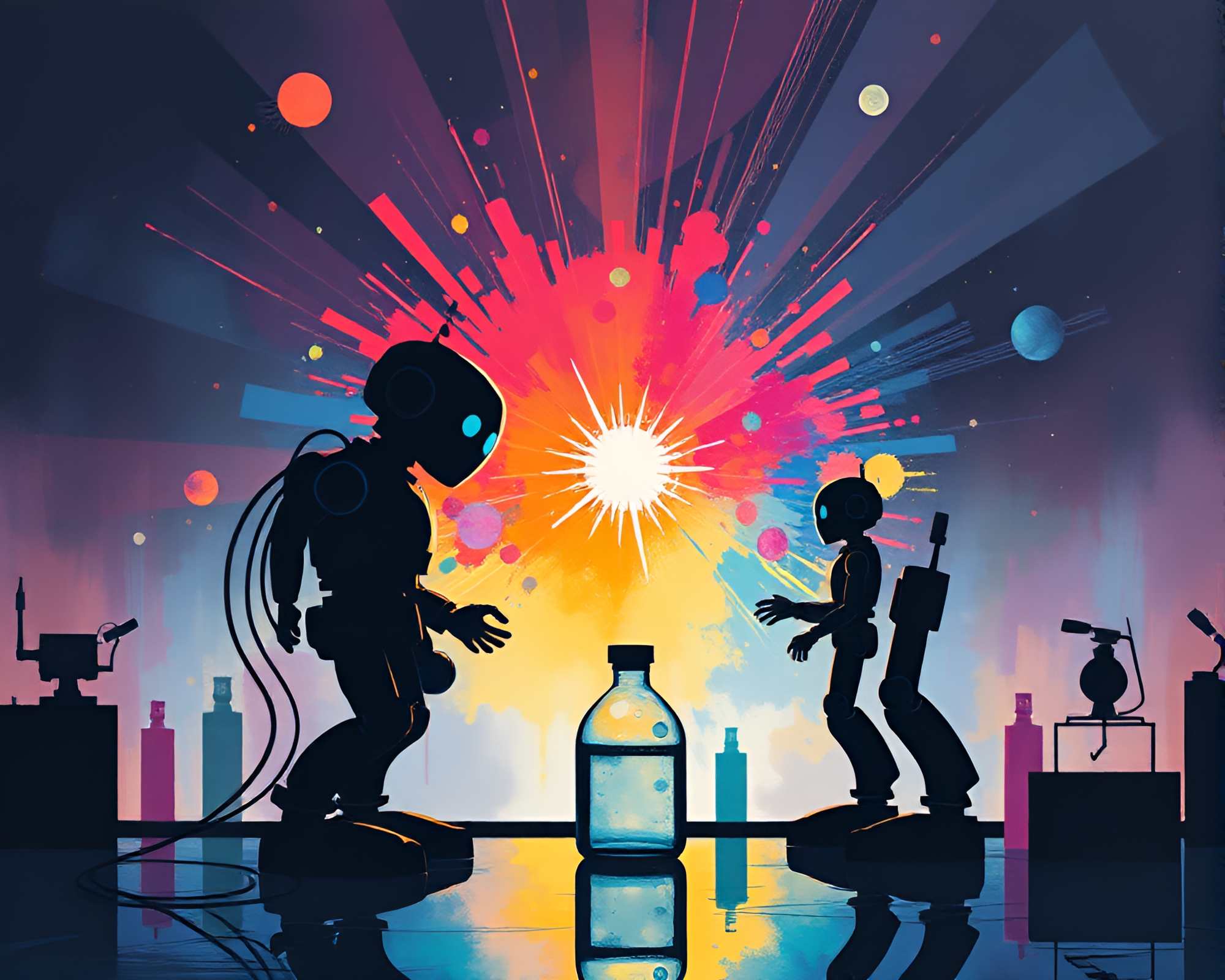 Futuristic Robotics Laboratory Reflection in Starburst Colors – free AI stock image