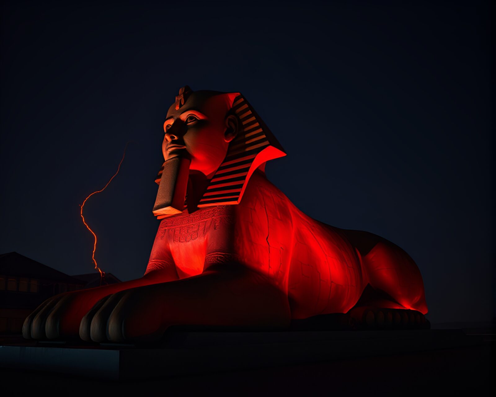 Grisaille statue of Sphinx with glowing red volcanic background