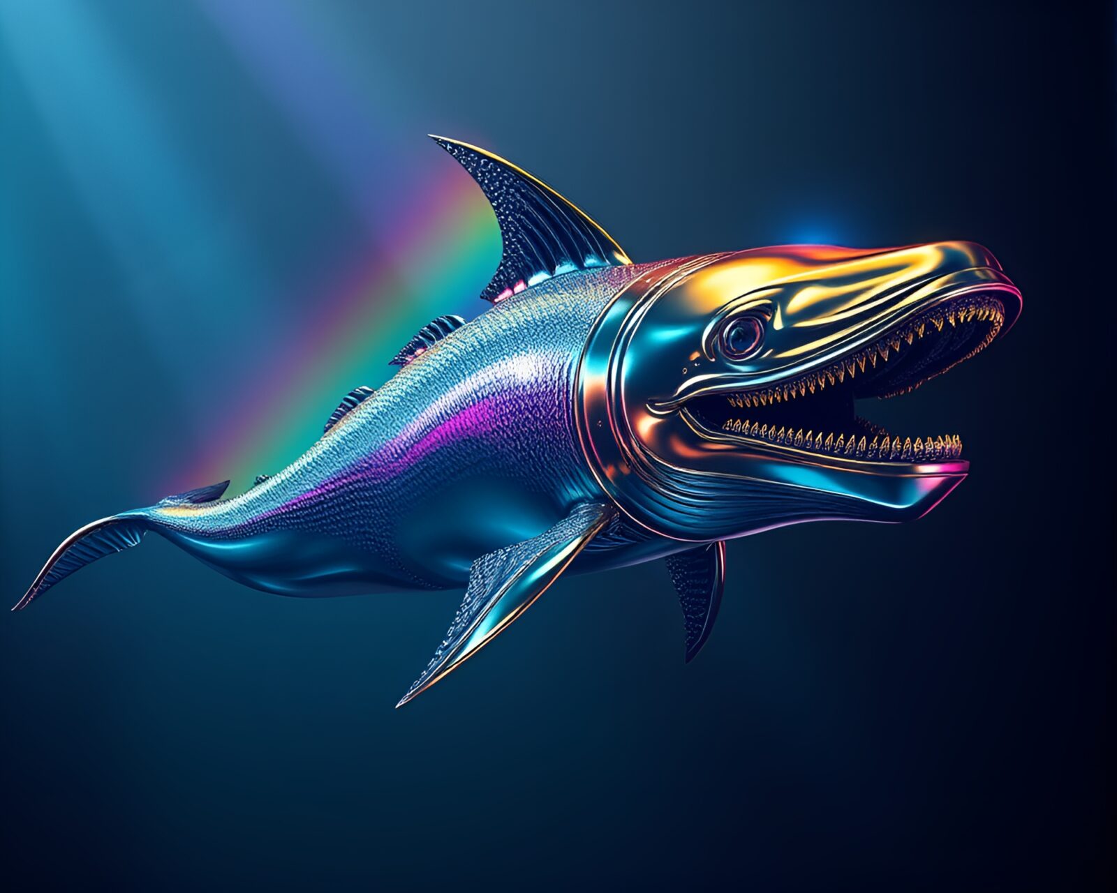 Glistening leviathan sculpture shines with rainbow hues and chrome reflections