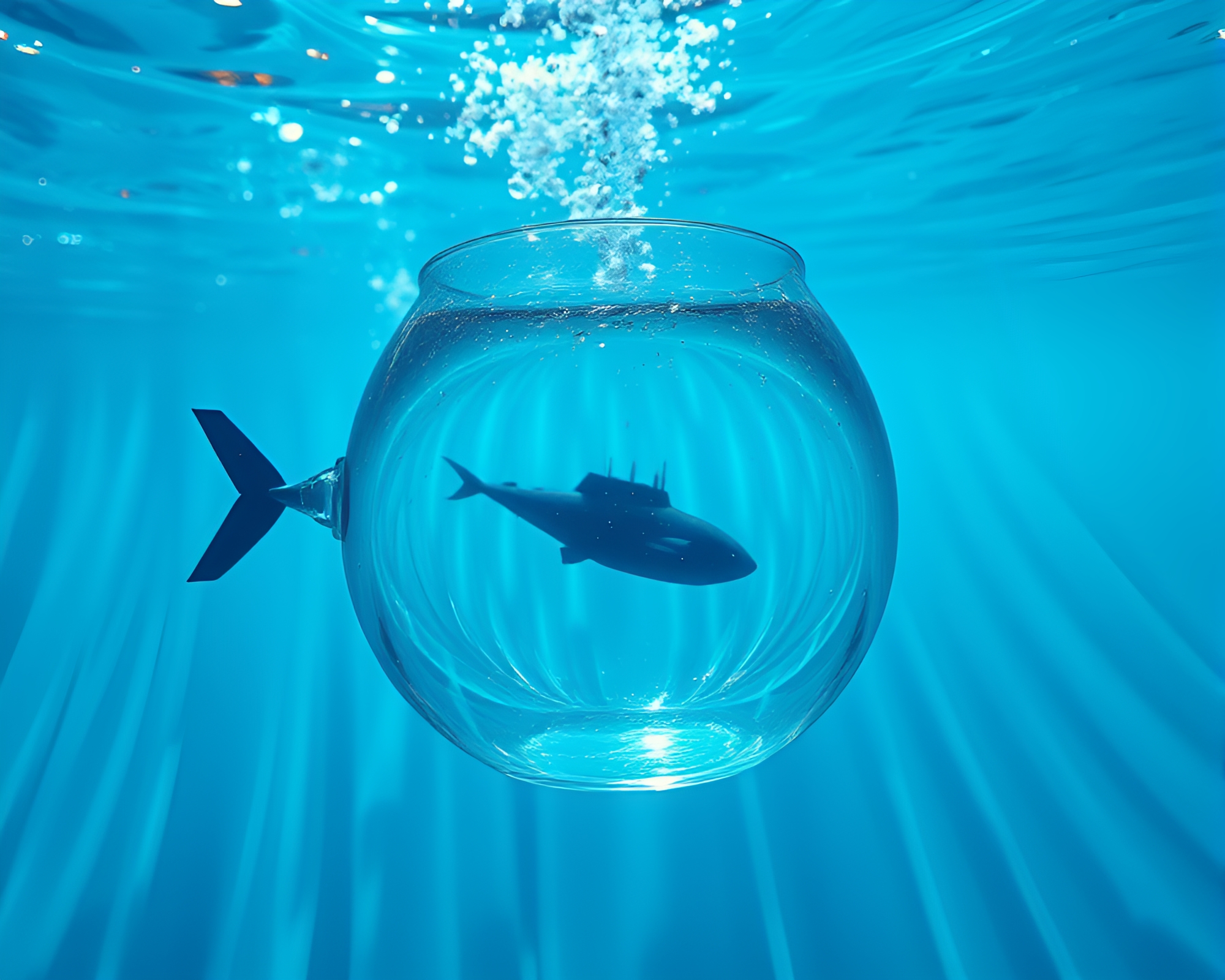 Submarine exploration through distorted underwater glass – free AI stock image