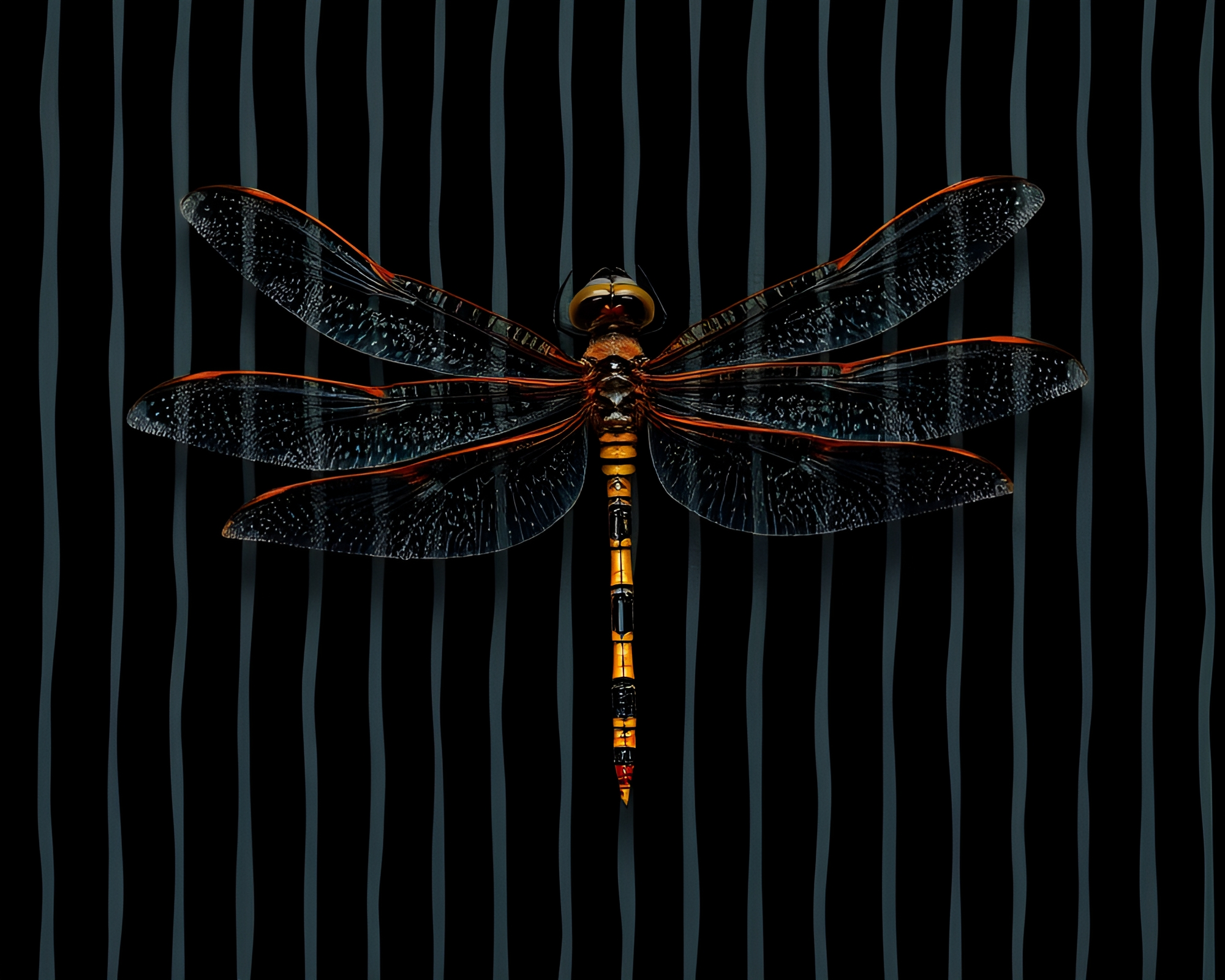 Dragonfly Noir: Striped Shadows in Faded Hues – free AI stock image