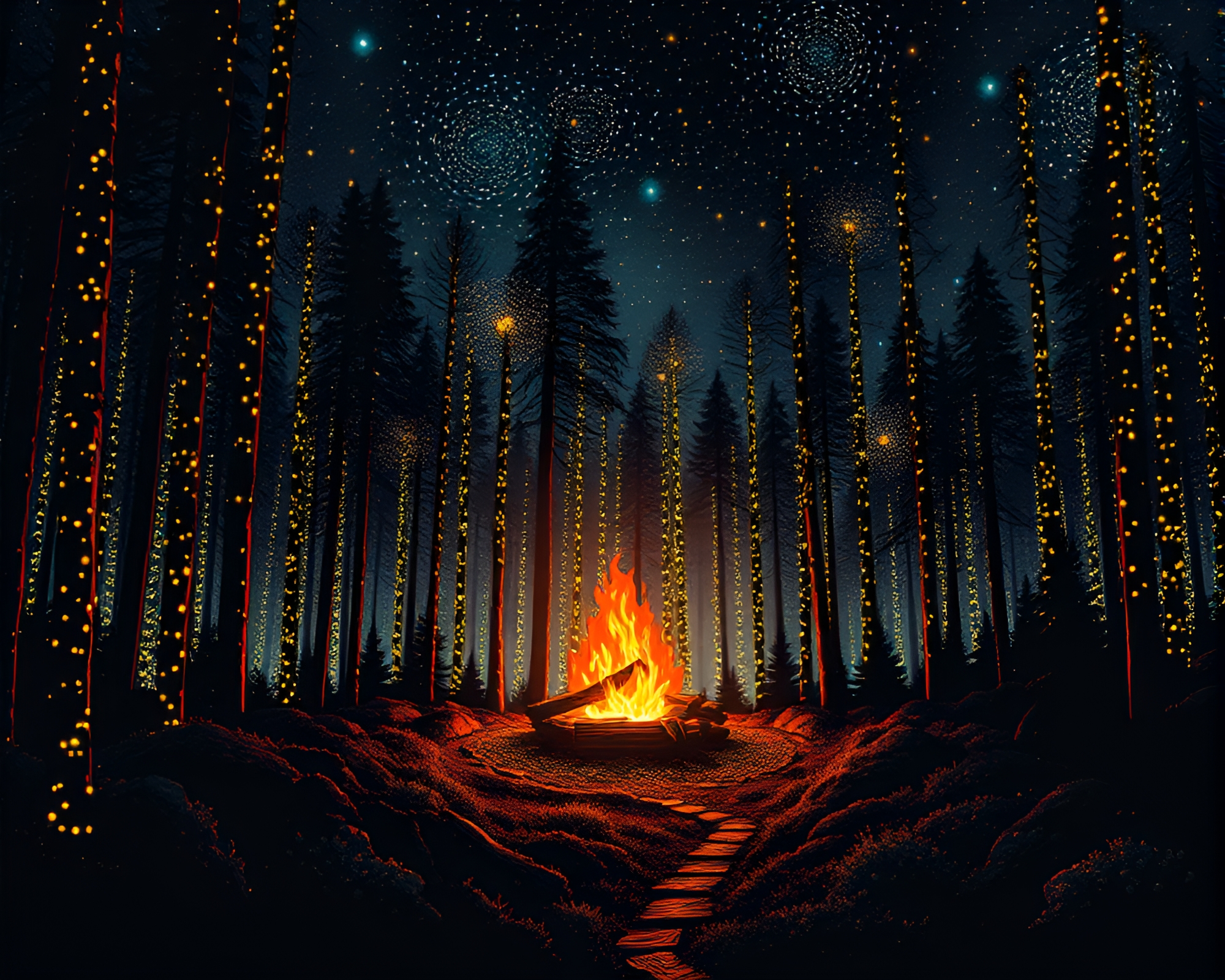 Bioluminescent Forest in Pointillist Line Art – free AI stock image