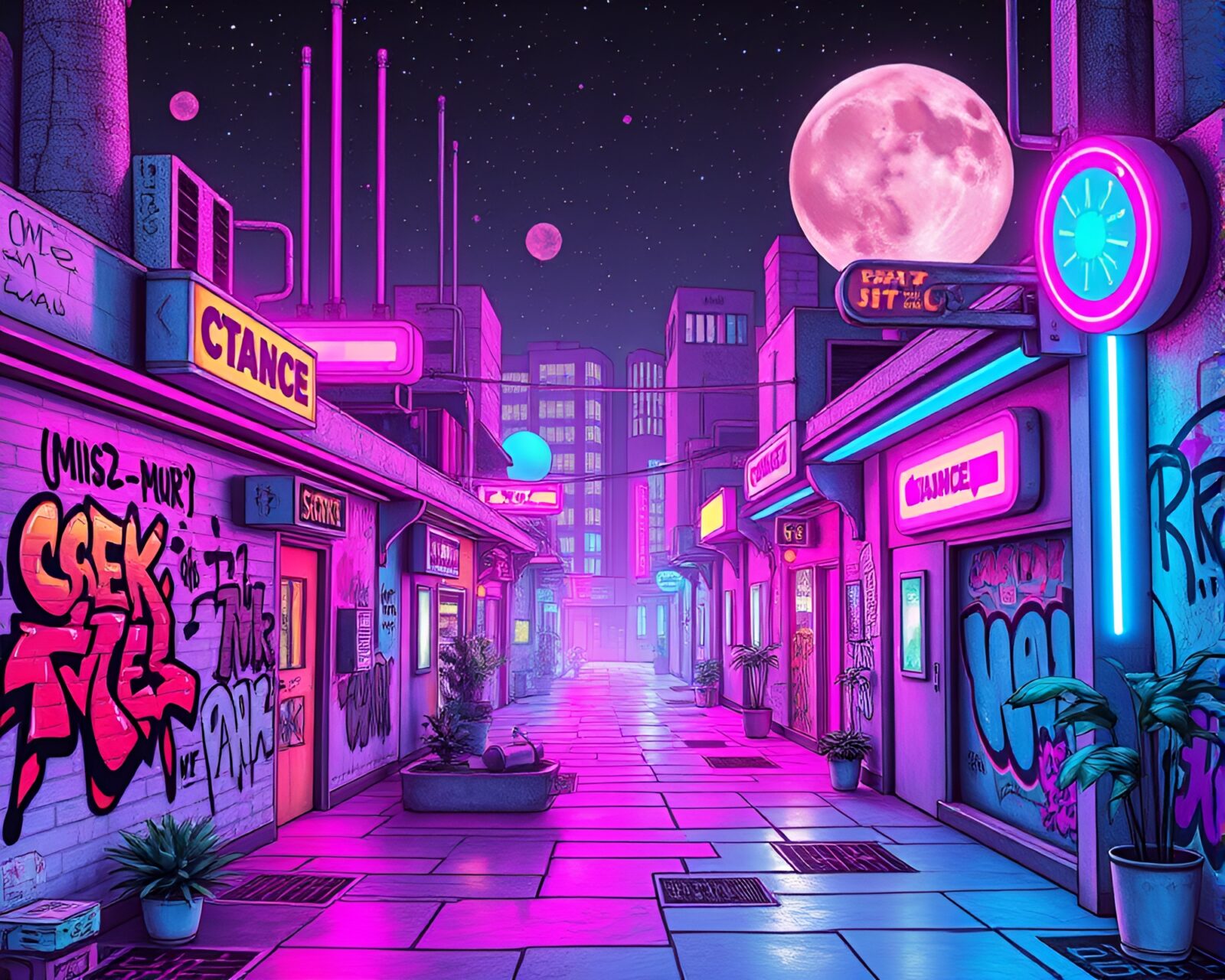 Imaginative space with futuristic elements and colorful wall art