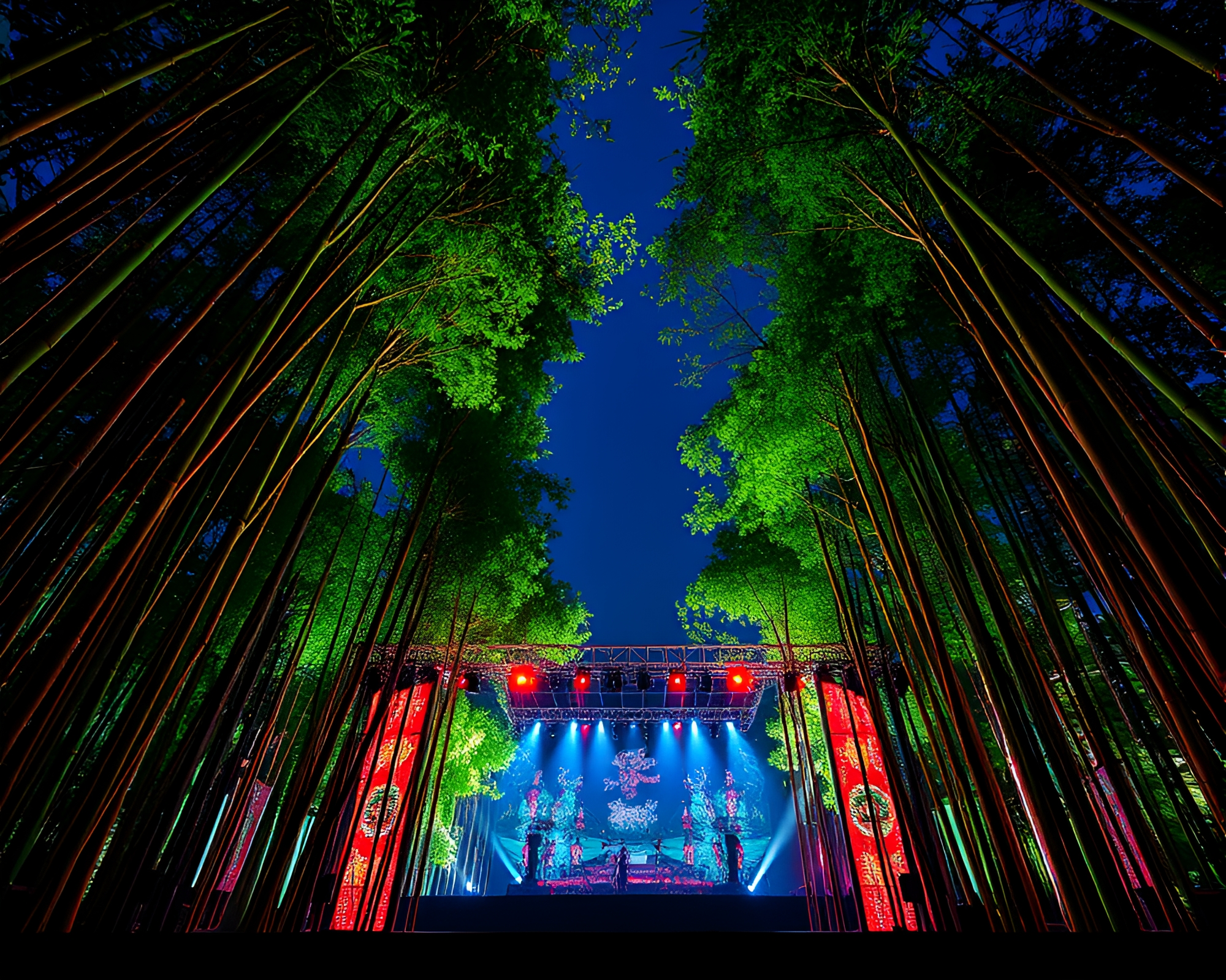 Bamboo Grove Concert Stage Lights Mosaic Pattern – free AI stock image