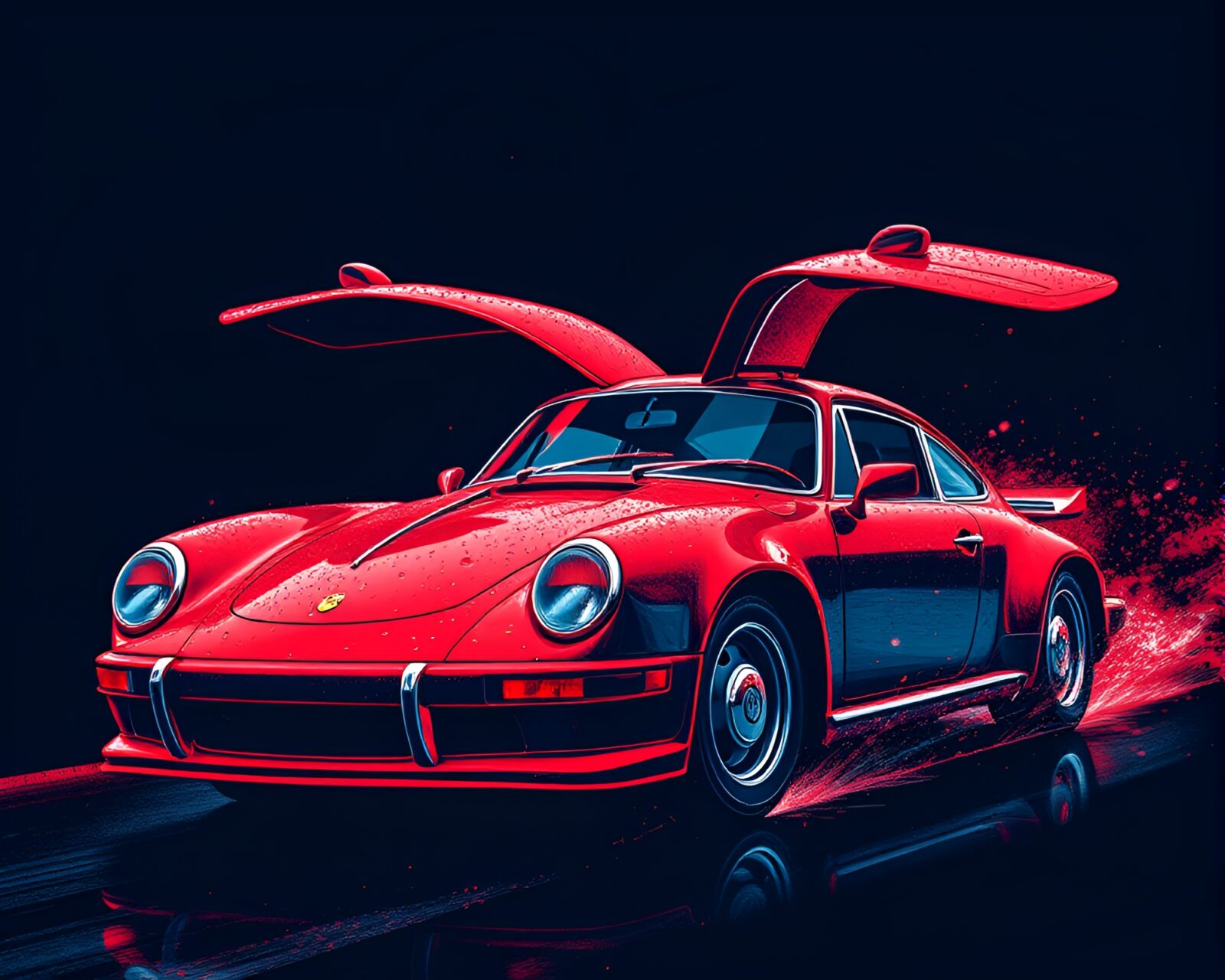 Illustration of a red-blue duotone flying car with dew drops