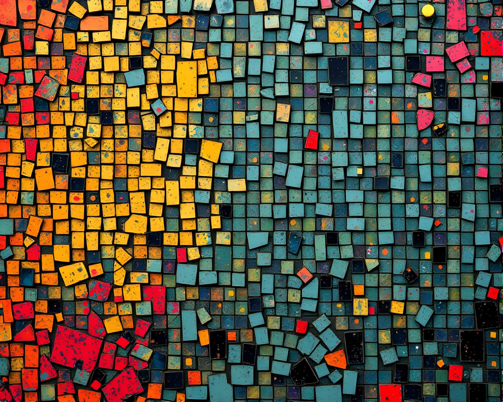 Colorful paint splatters and Morse code on broken mosaic