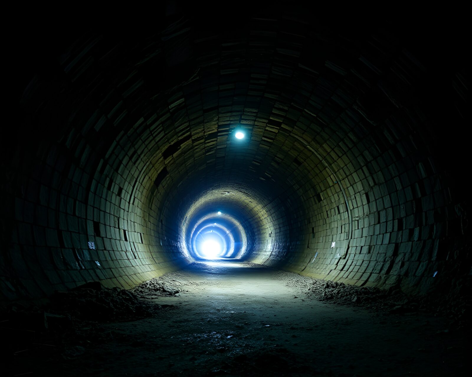 A surreal underground bunker with distorted city lights glowing