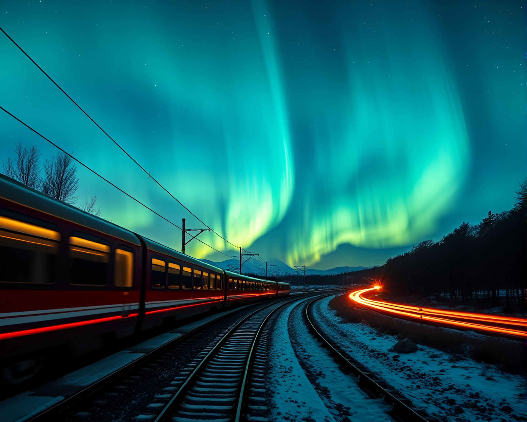 Train Light Trails Through Aurora Borealis with Rim Lighting – free AI stock image