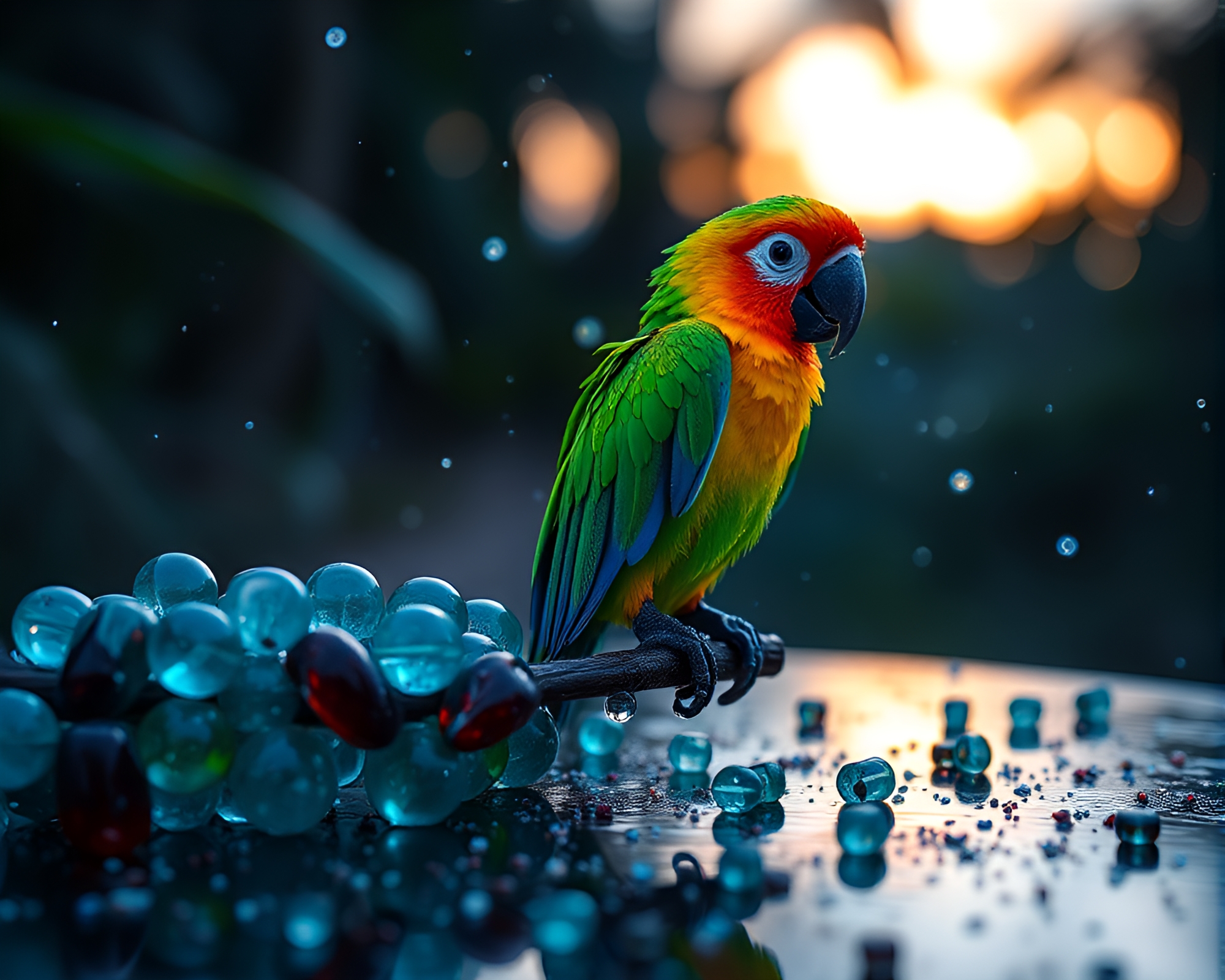 Tropical Parrot Soaring Through Cosmic Blue Hour Skies – free AI stock image