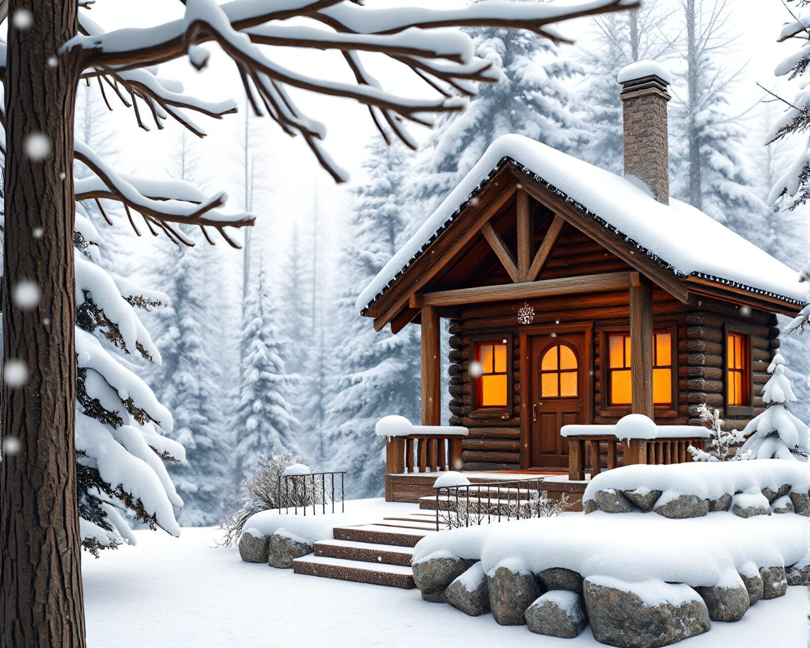 Low-poly rustic cabin with snowflakes under bronze lighting