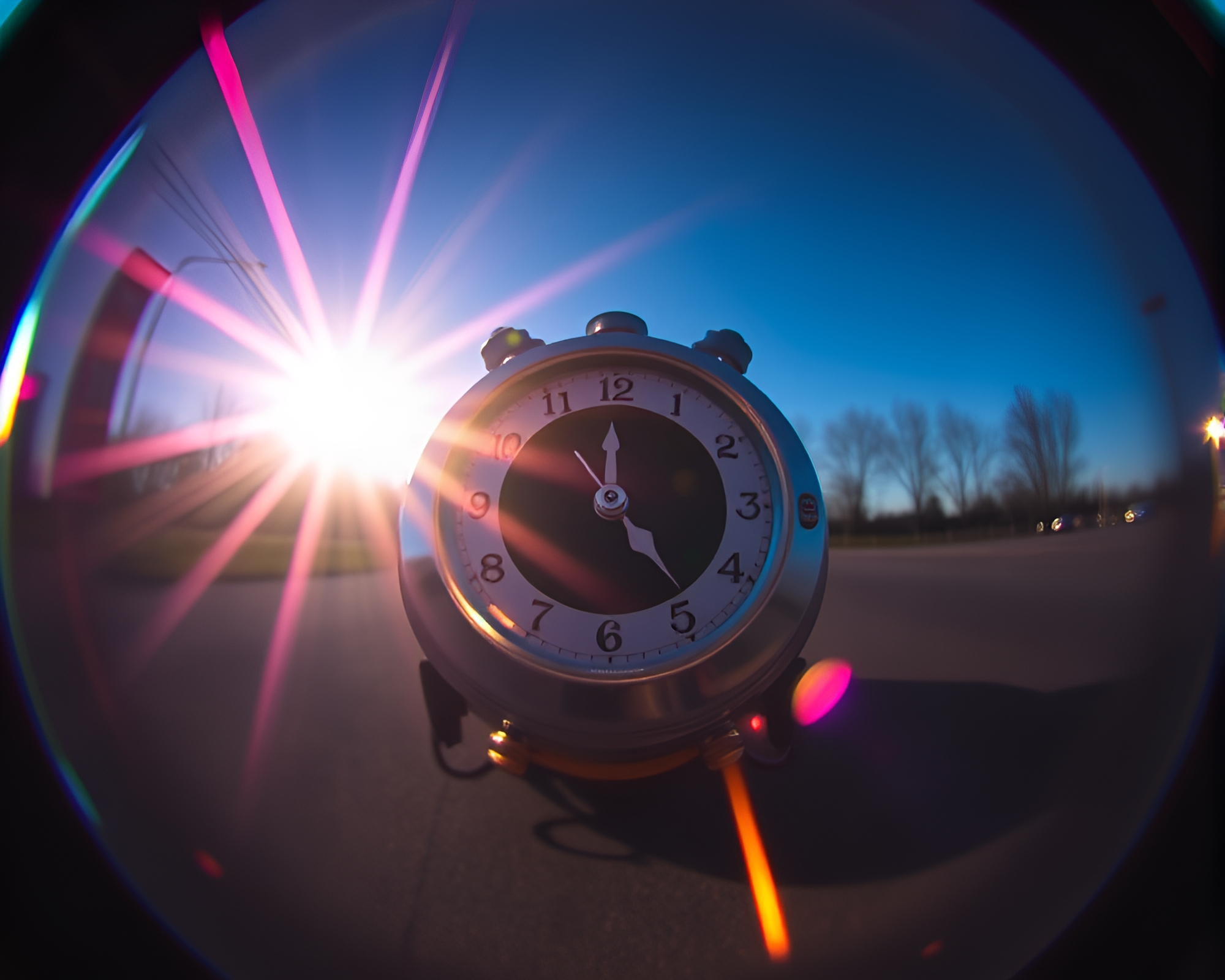 Chrono Clock Under Ultraviolet Lens Flare and Fisheye Effect – free AI stock image