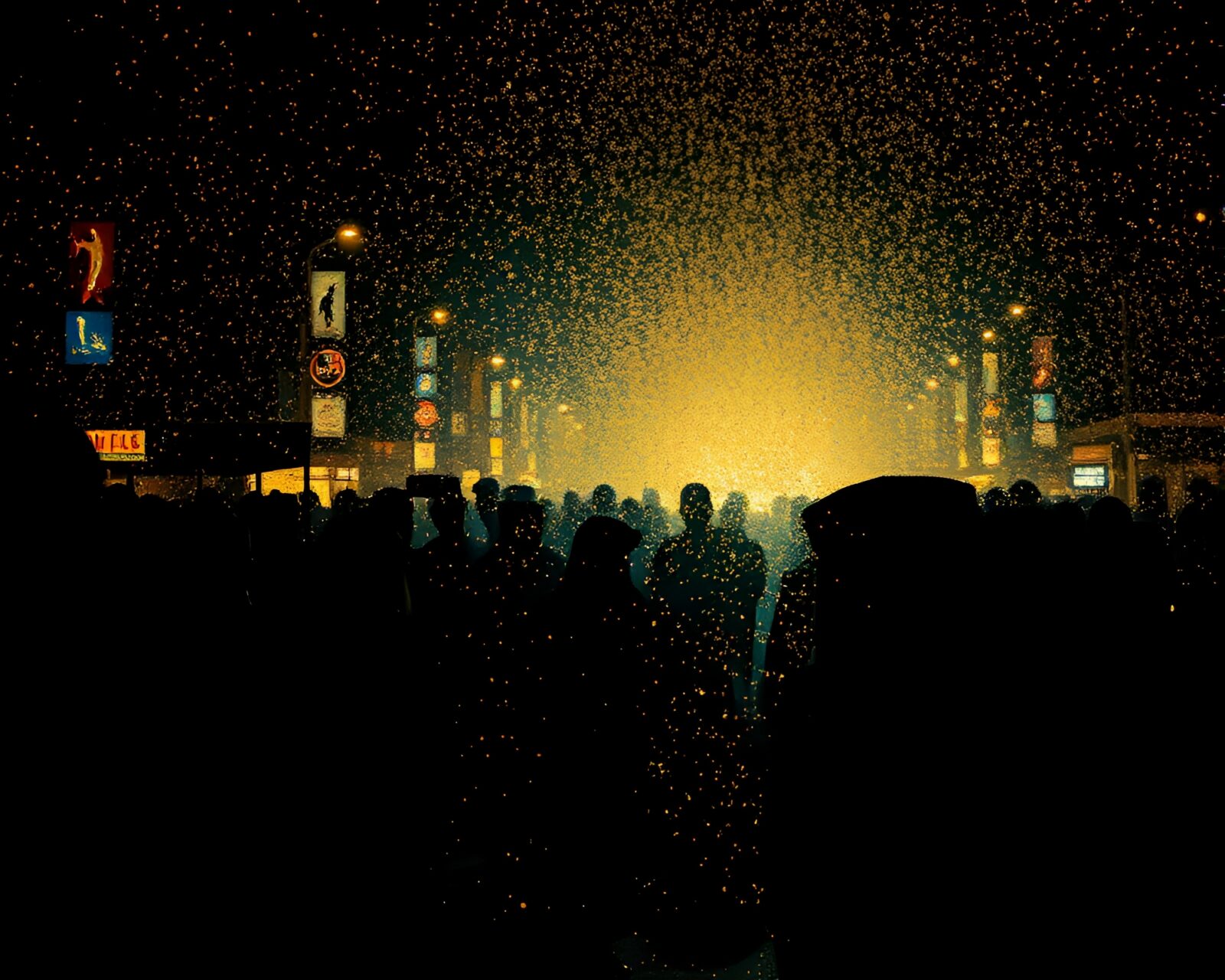 Silhouetted crowd near sparkling rickshaw under glittering dust