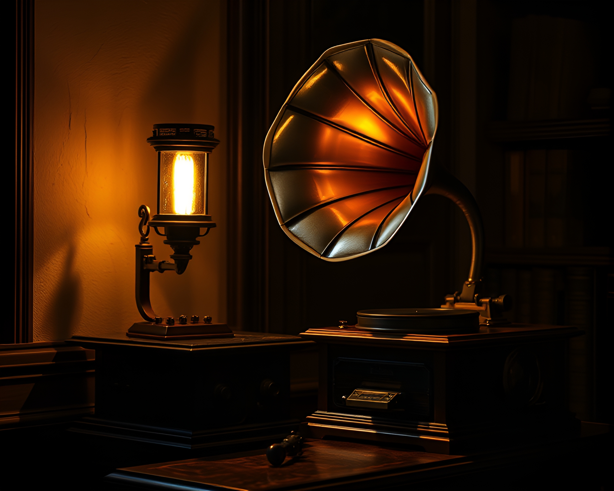 Steampunk Gramophone in Library Lamp Light – free AI stock image