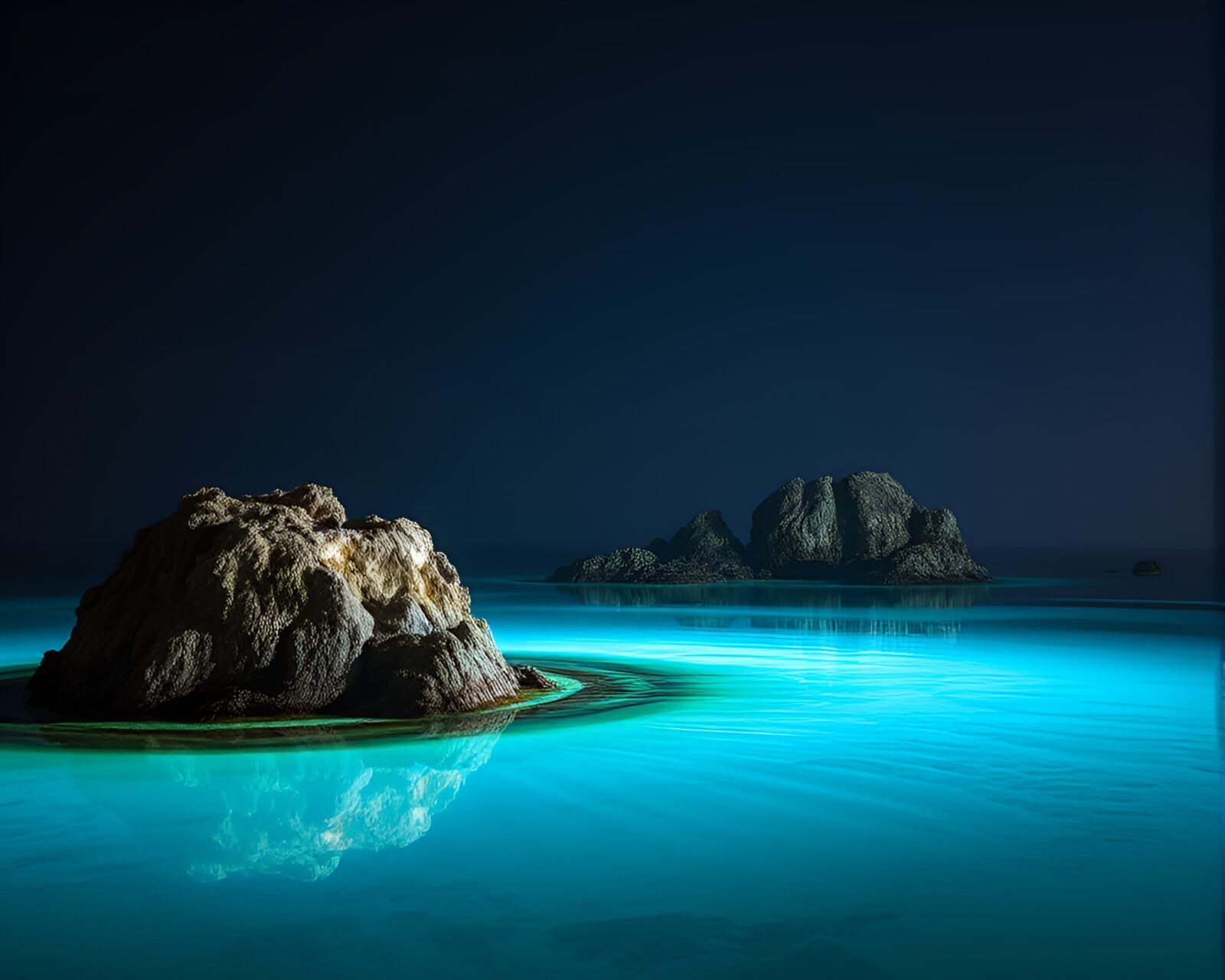Faded denim-hued island reflected in fluorescent-lit mirror shards