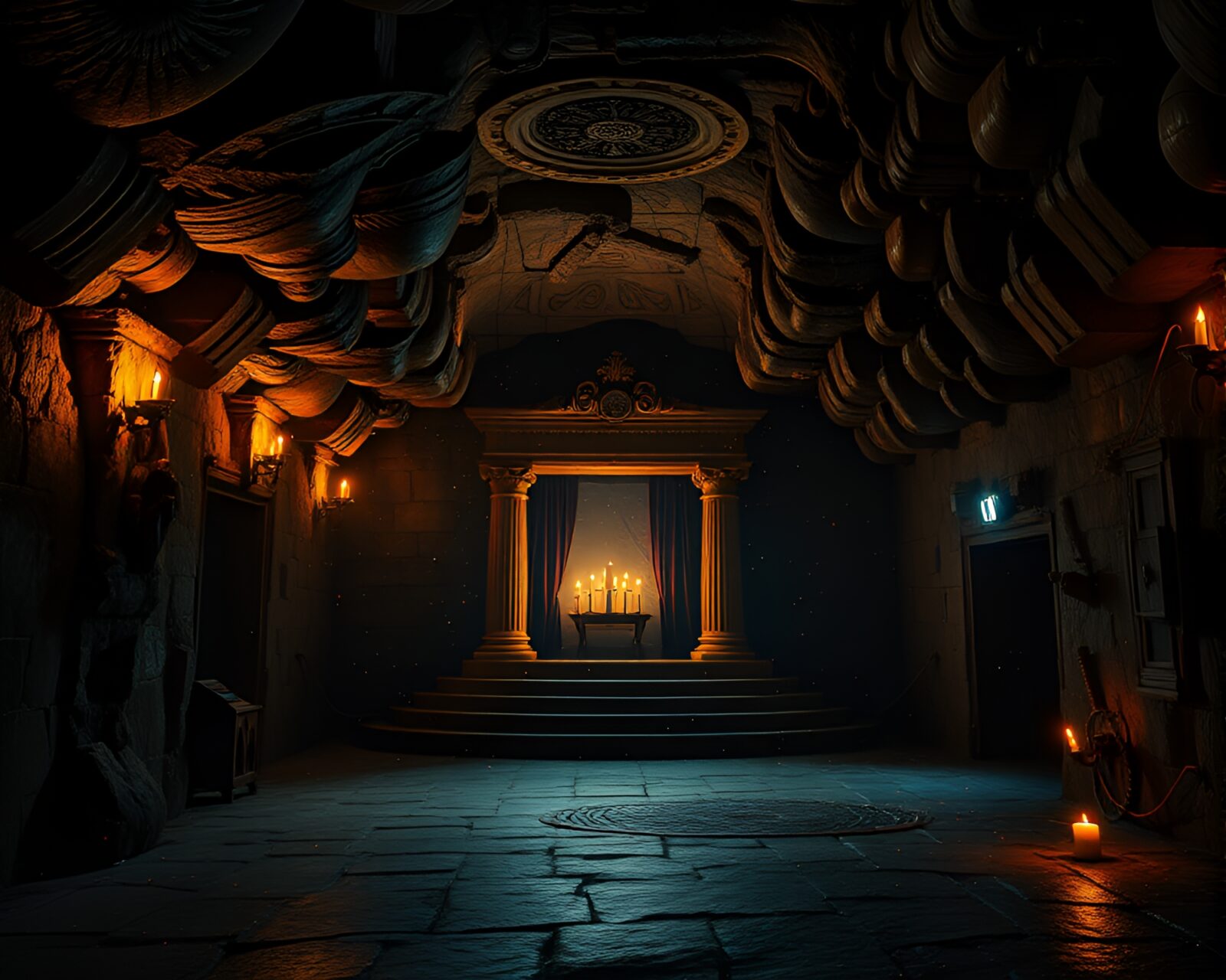 Eerie opera-house atmosphere with holographic particles in dim lighting