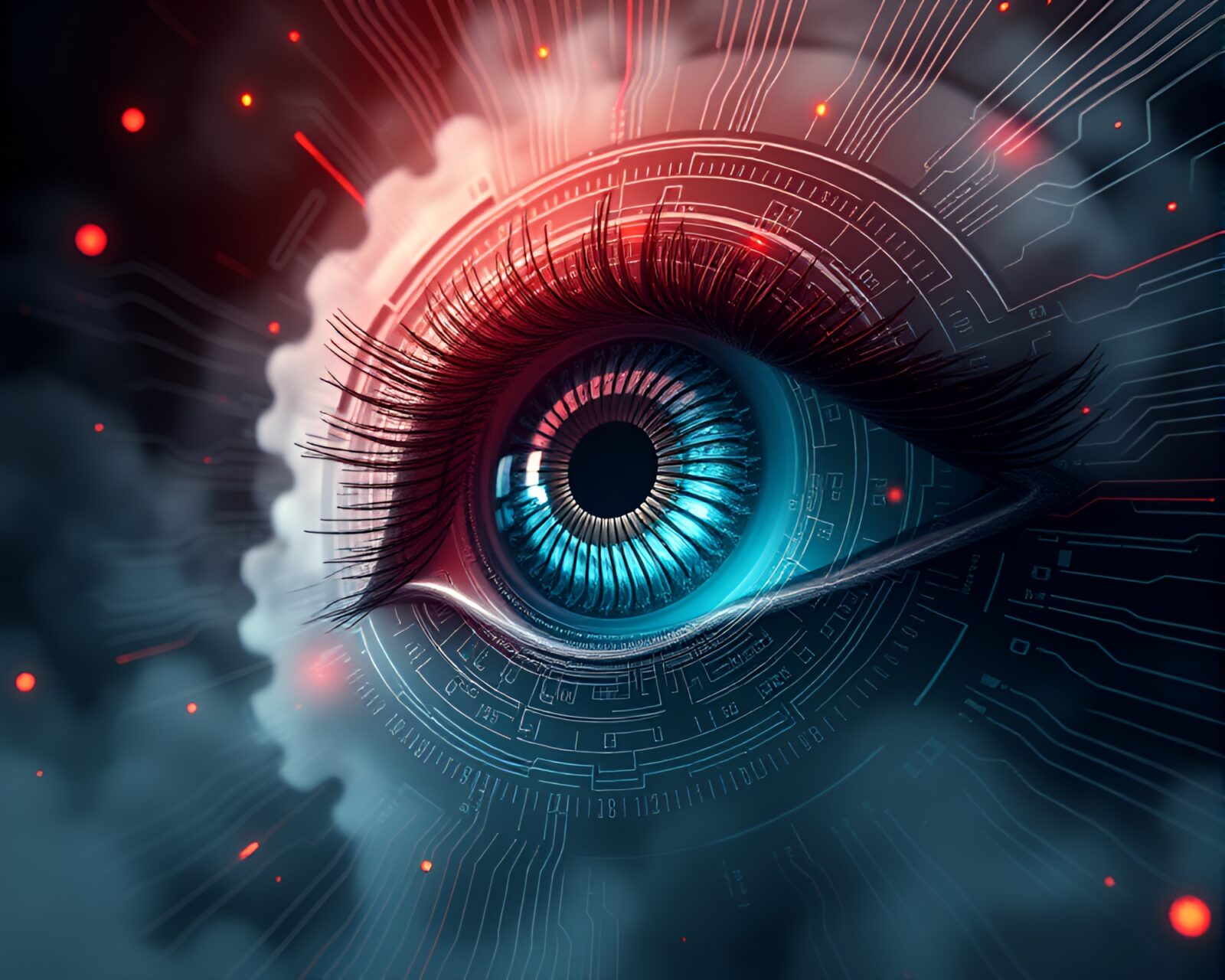 Surreal image of a cybernetic eye in a smoky haze