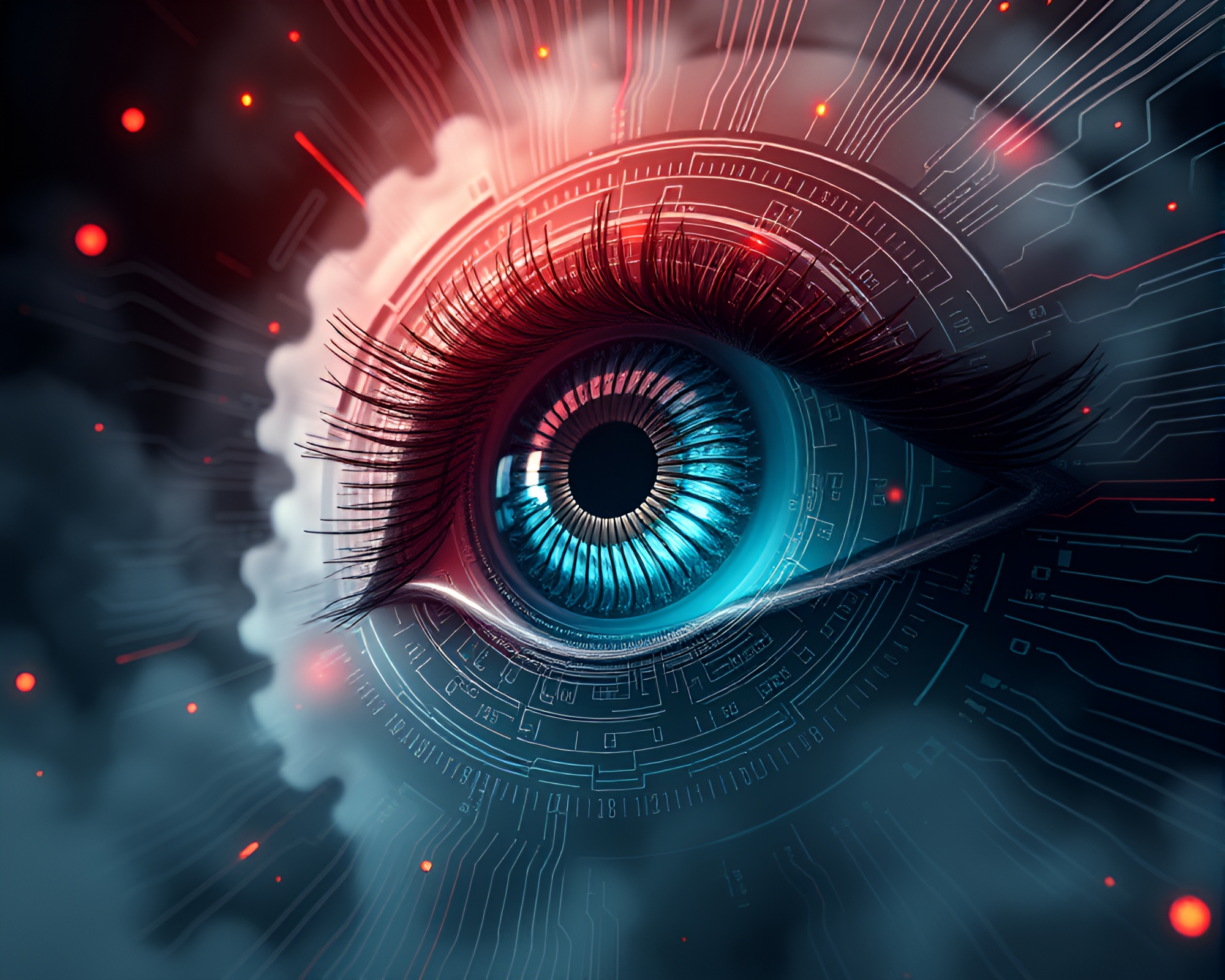 Glimmering Cybernetic Eye in Fibonacci Spiral Toon World – free AI stock image