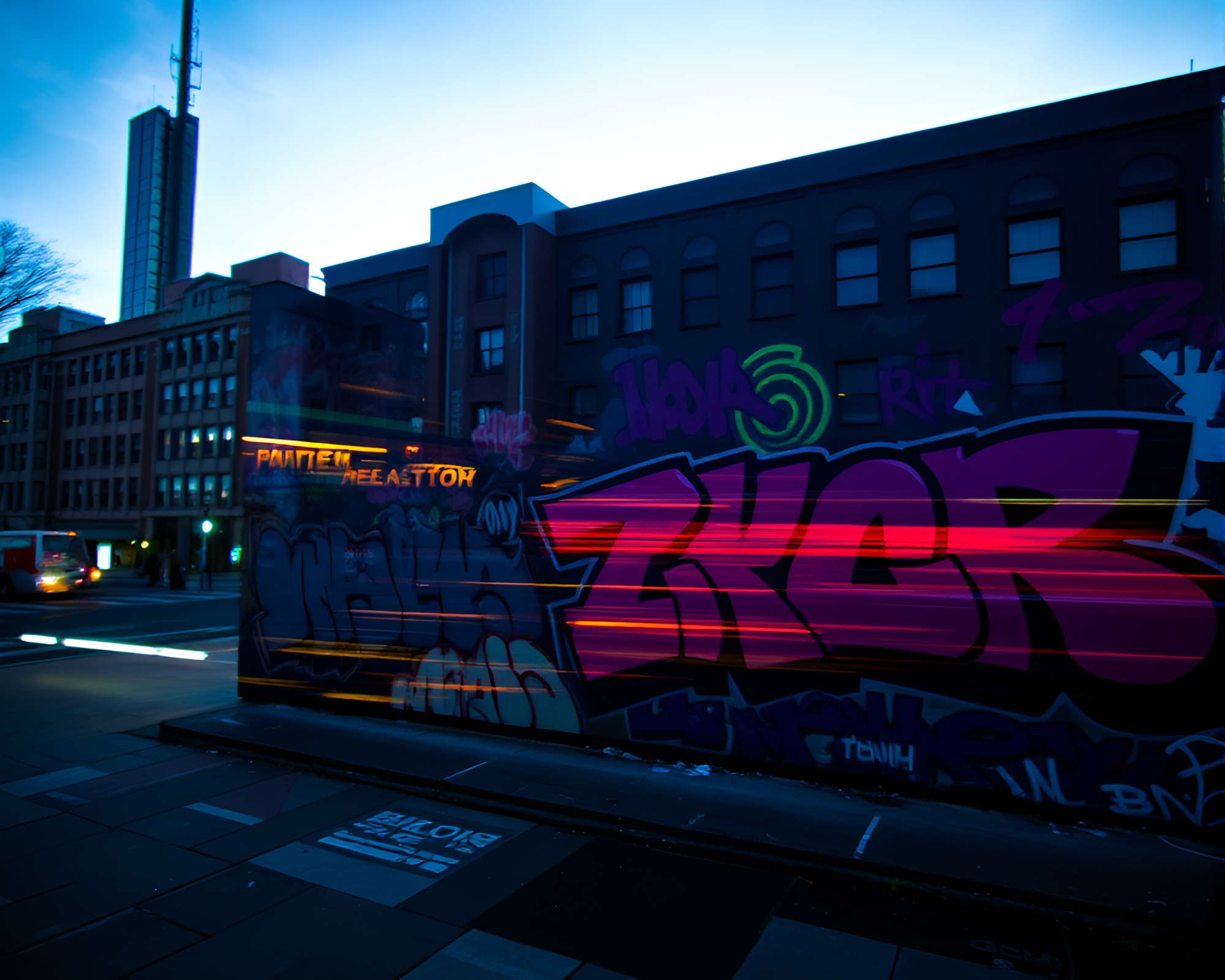 Prismatic Virtual City: Graffiti Light Symphony – free AI stock image