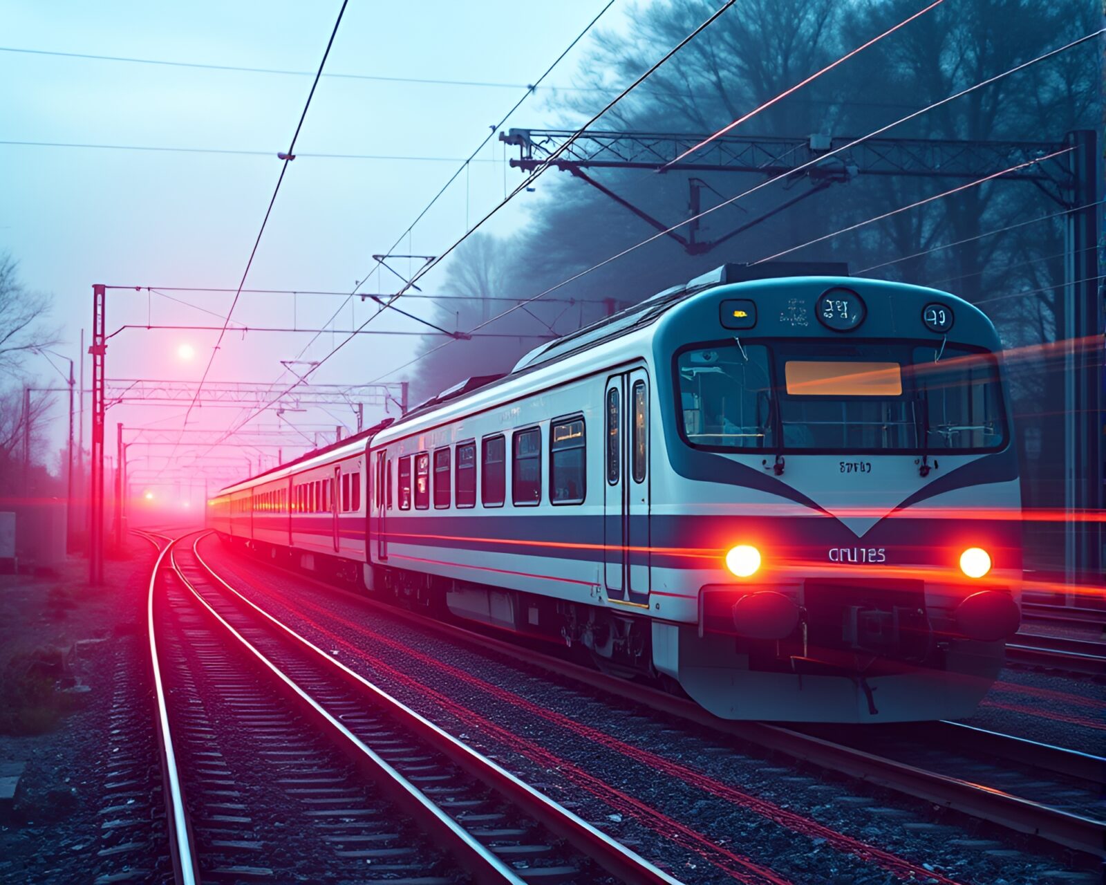 Night train with glowing peachy lights streaking by