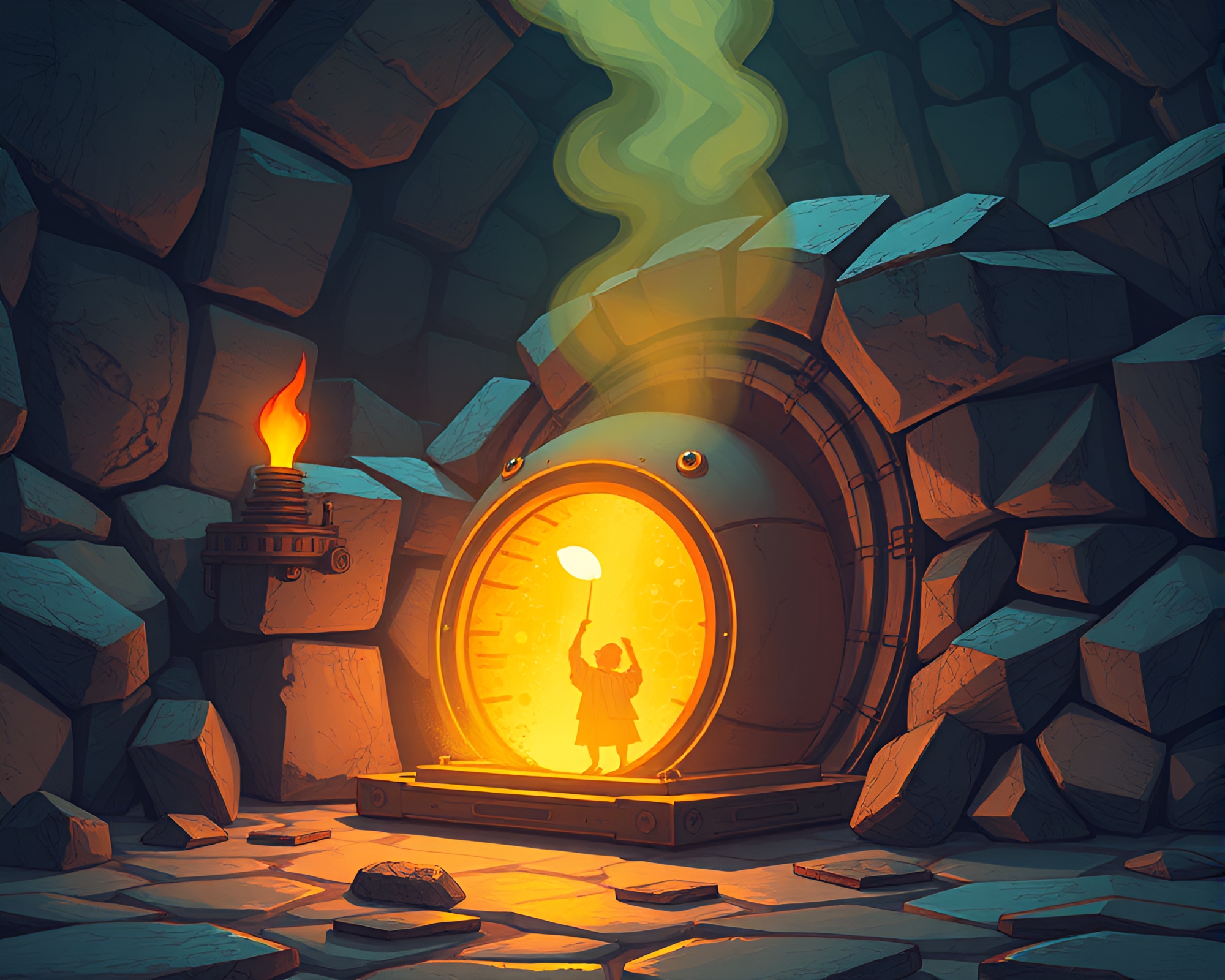 Futuristic Quantum Teleportation Device in Dungeon Torchlight – free AI stock image
