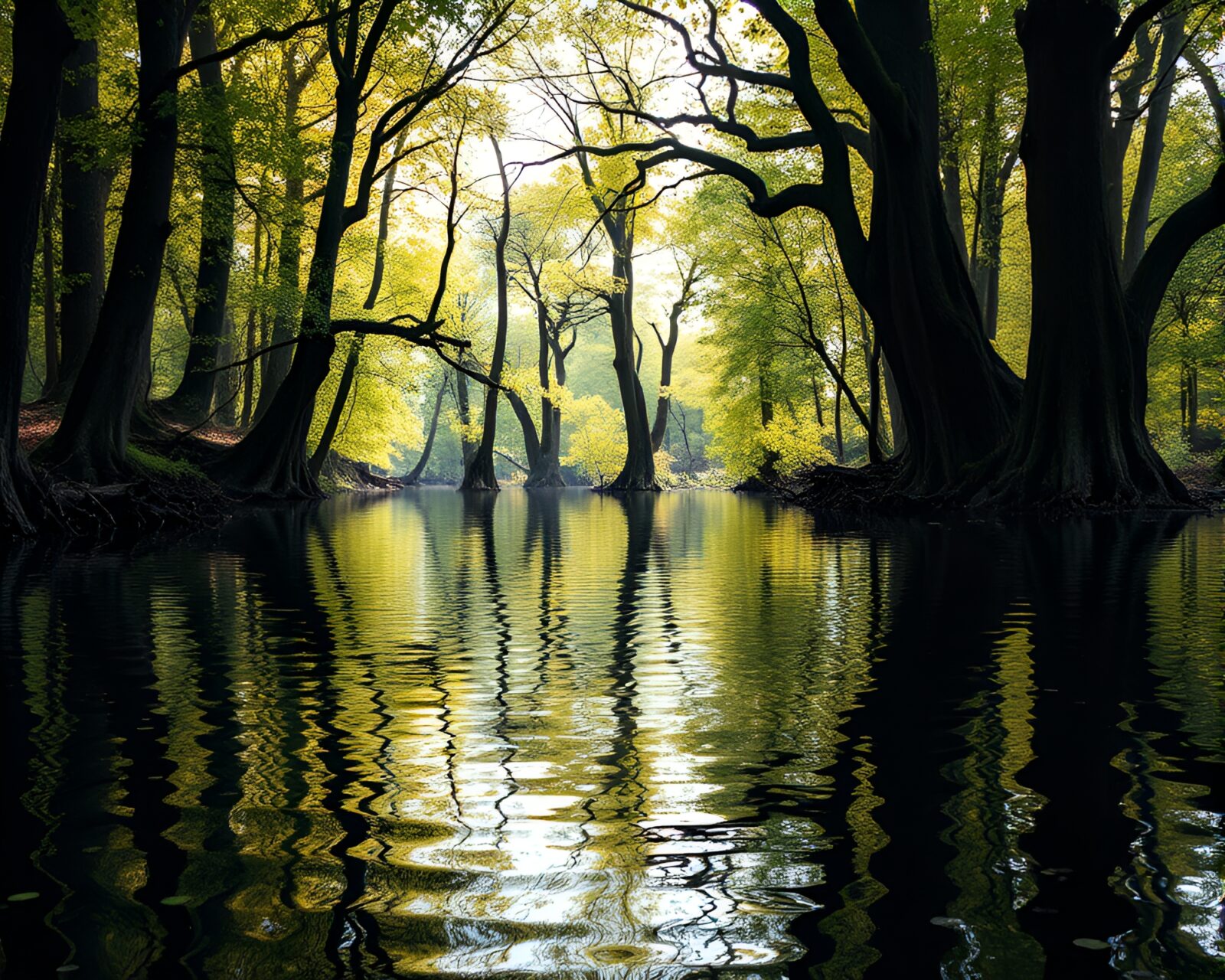 Illuminated forest reflecting in water with colorful light patterns