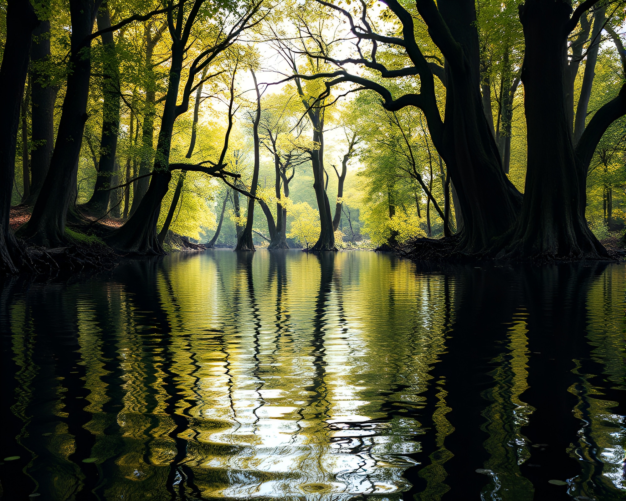 Ancient Grove Reflection: Prism Refraction Halftone Ripples – free AI stock image