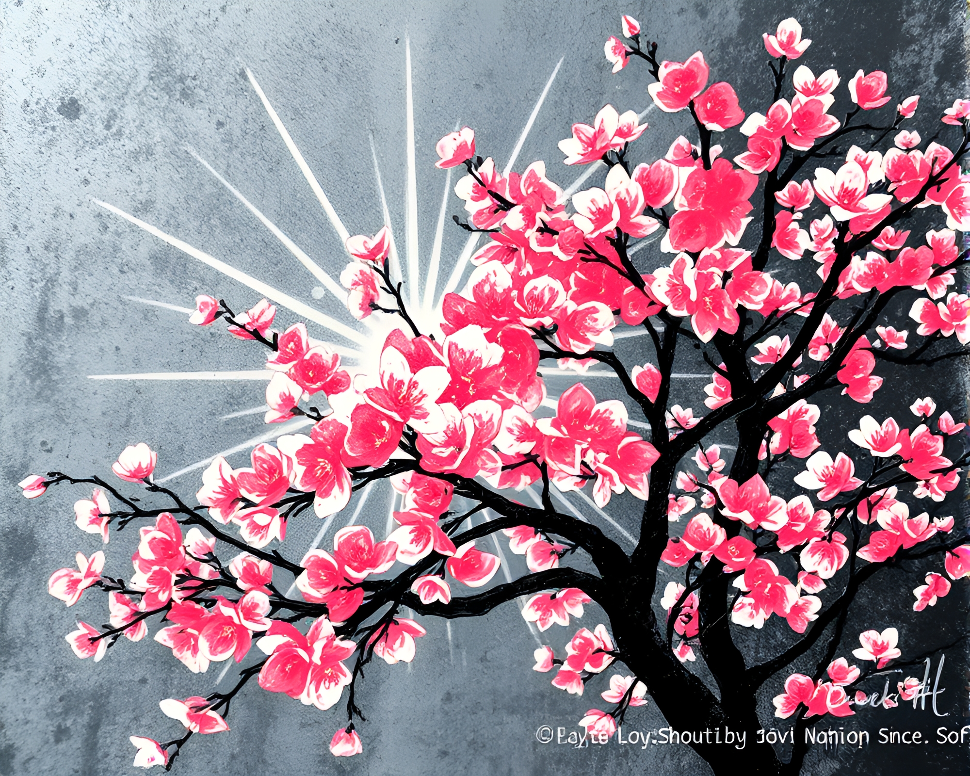 Cherry Blossom Linocut Textures with Lens Flare – free AI stock image