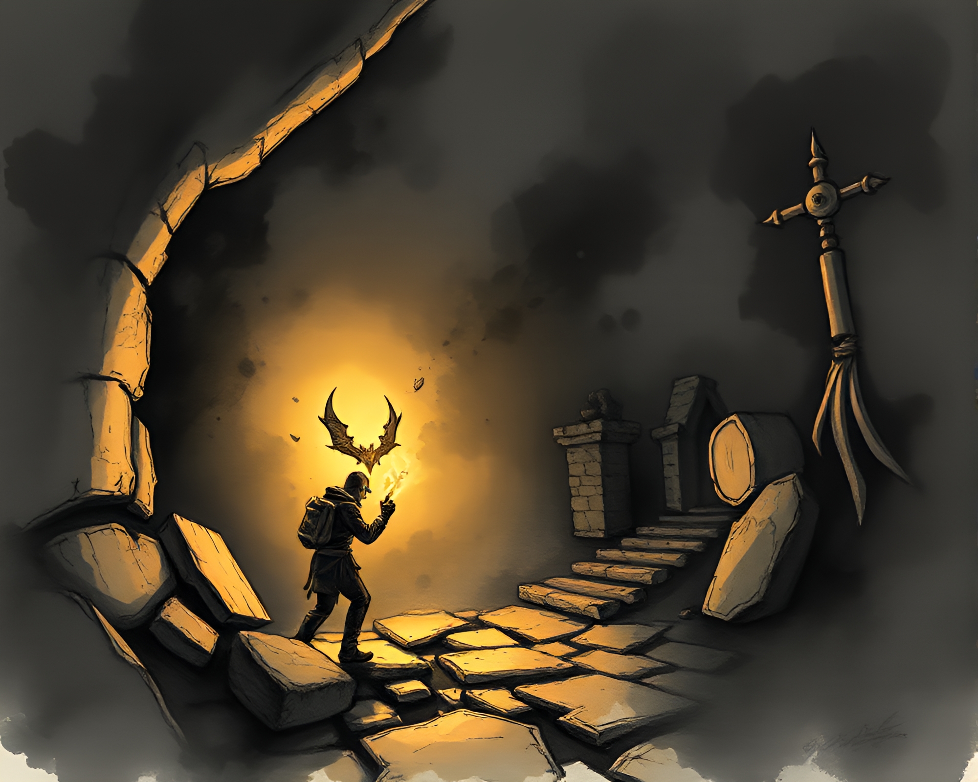 Time Traveler in Dungeon Torchlight Ink Wash Composition – free AI stock image