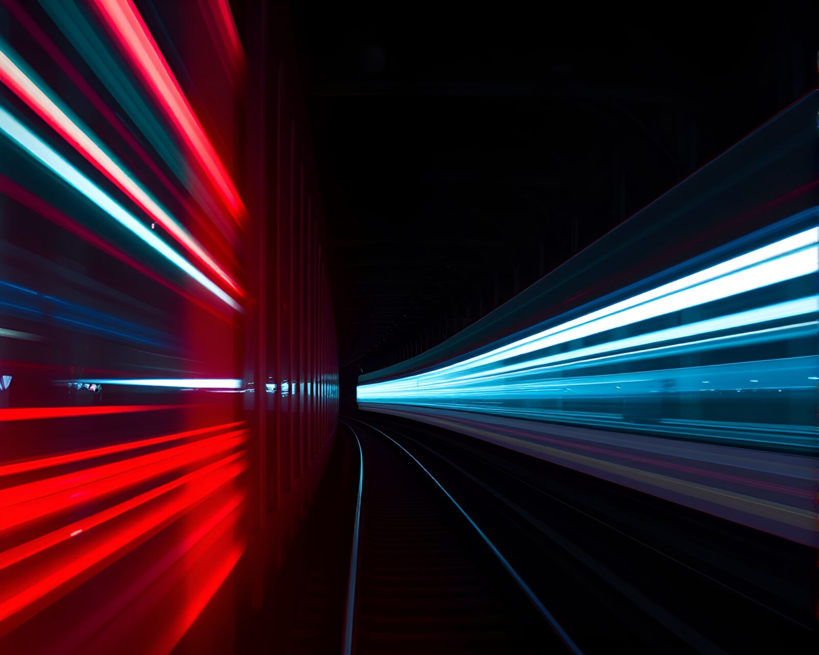 A stunning image of a train crossing a glass bridge with duotone red-blue lighting and lens flare effects.