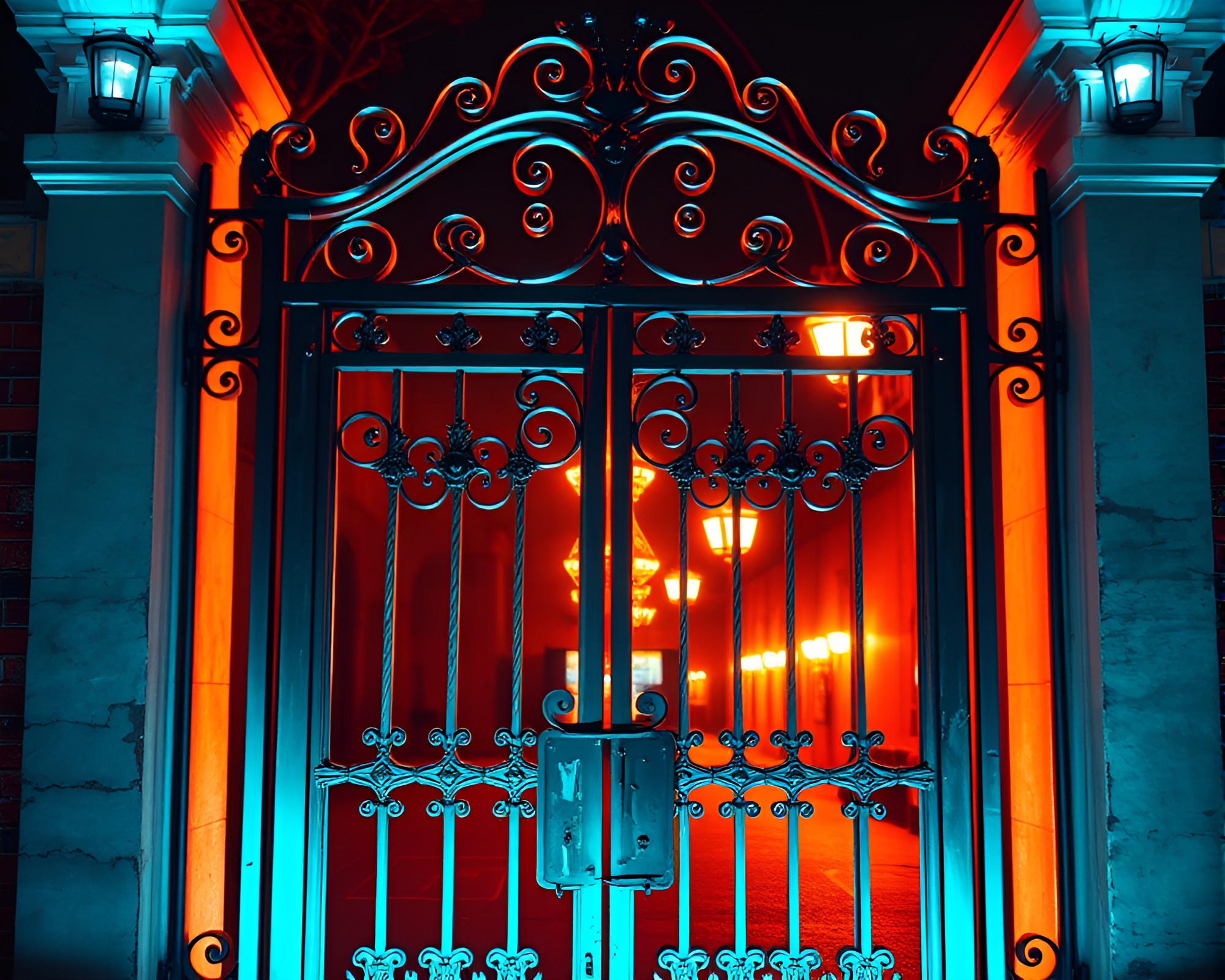 Gilded Neon Wrought Iron Gate Artwork – free AI stock image