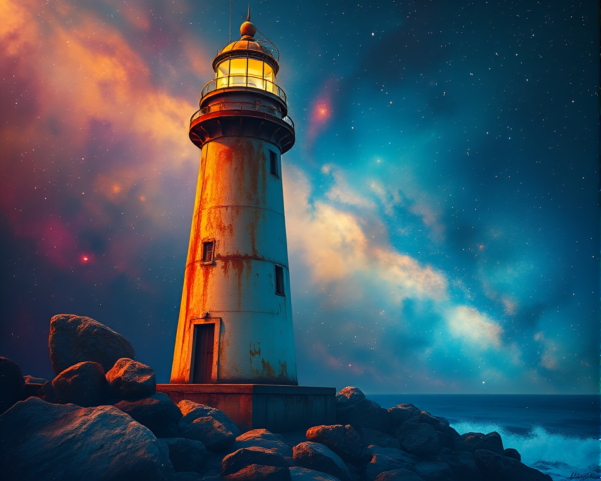 Galactic Lighthouse Illuminated by Rust Patina Light Painting – free AI stock image