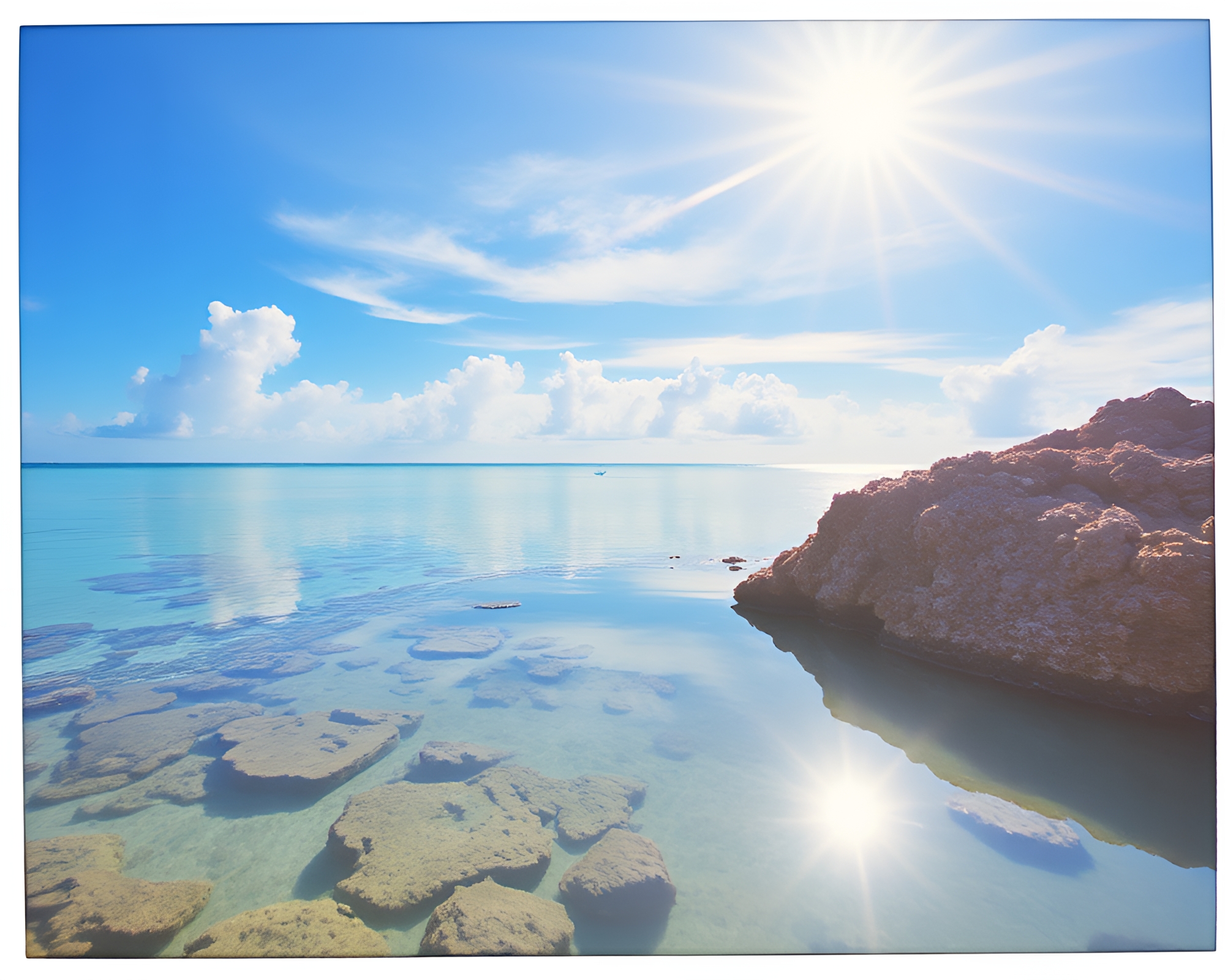 Coral Atoll Starburst Reflection in Polaroid Frame – free AI stock image