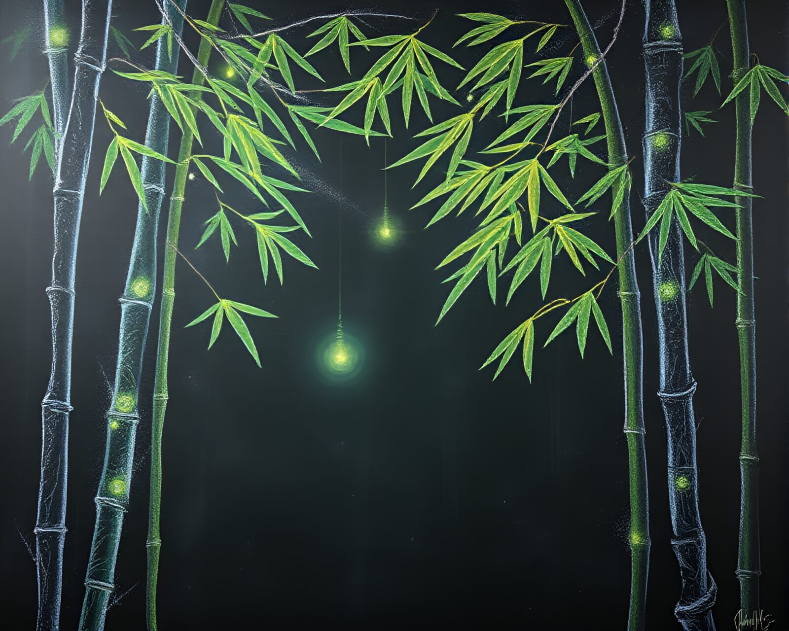 Enchanting chalkboard drawing of glowing bamboo grove with glass beads