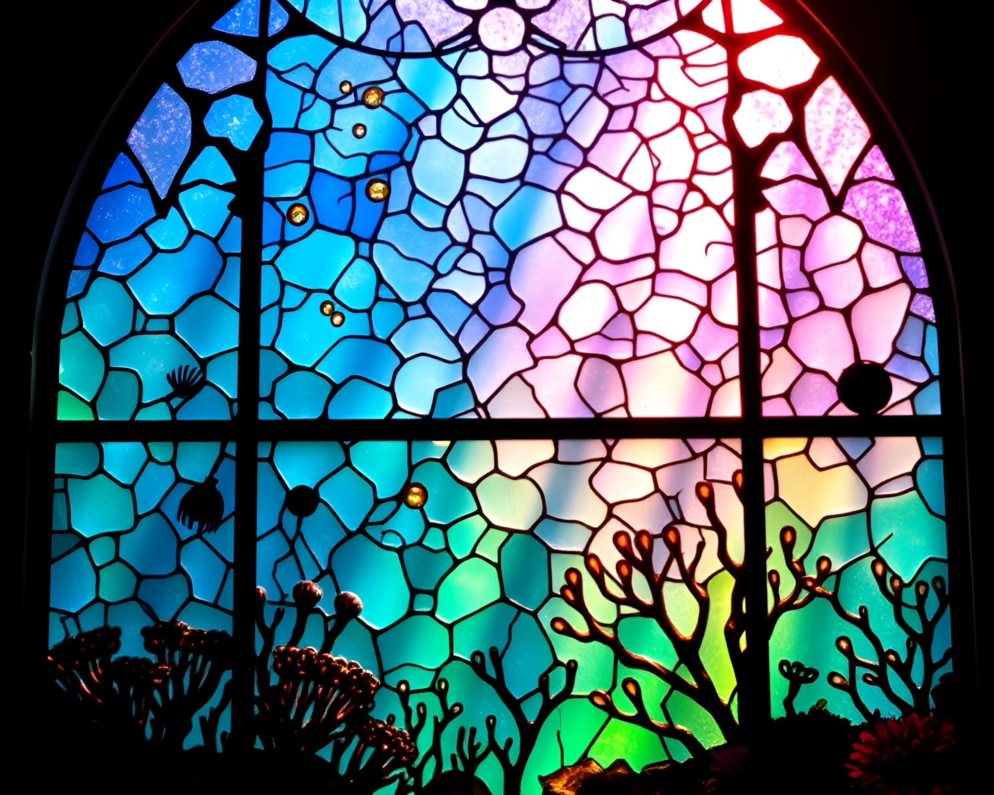 Foil-stamped Coral Reef Illuminated like Stained Glass Cathedral – free AI stock image