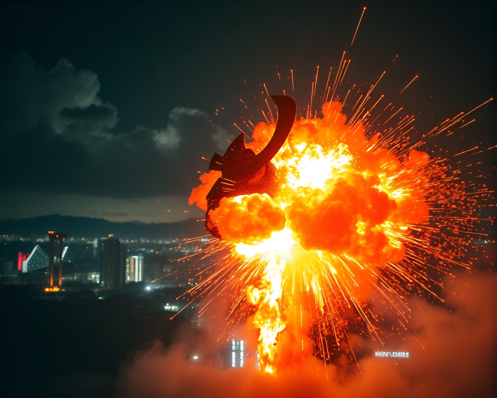 Vibrant neon-lit city background with samurai helmet in animated explosion