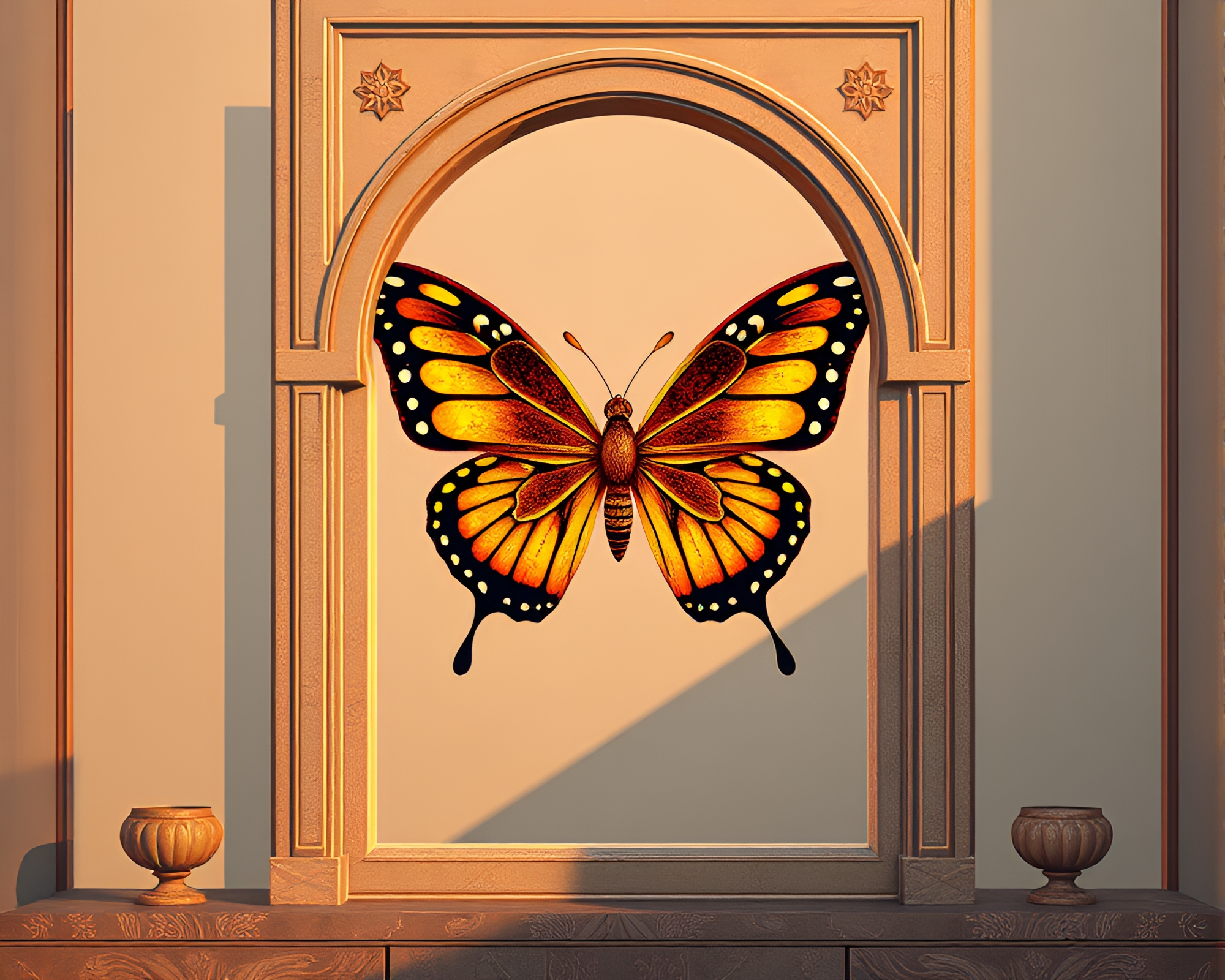 Silk Butterfly in Retro Pixel Art Architectural Frame – free AI stock image