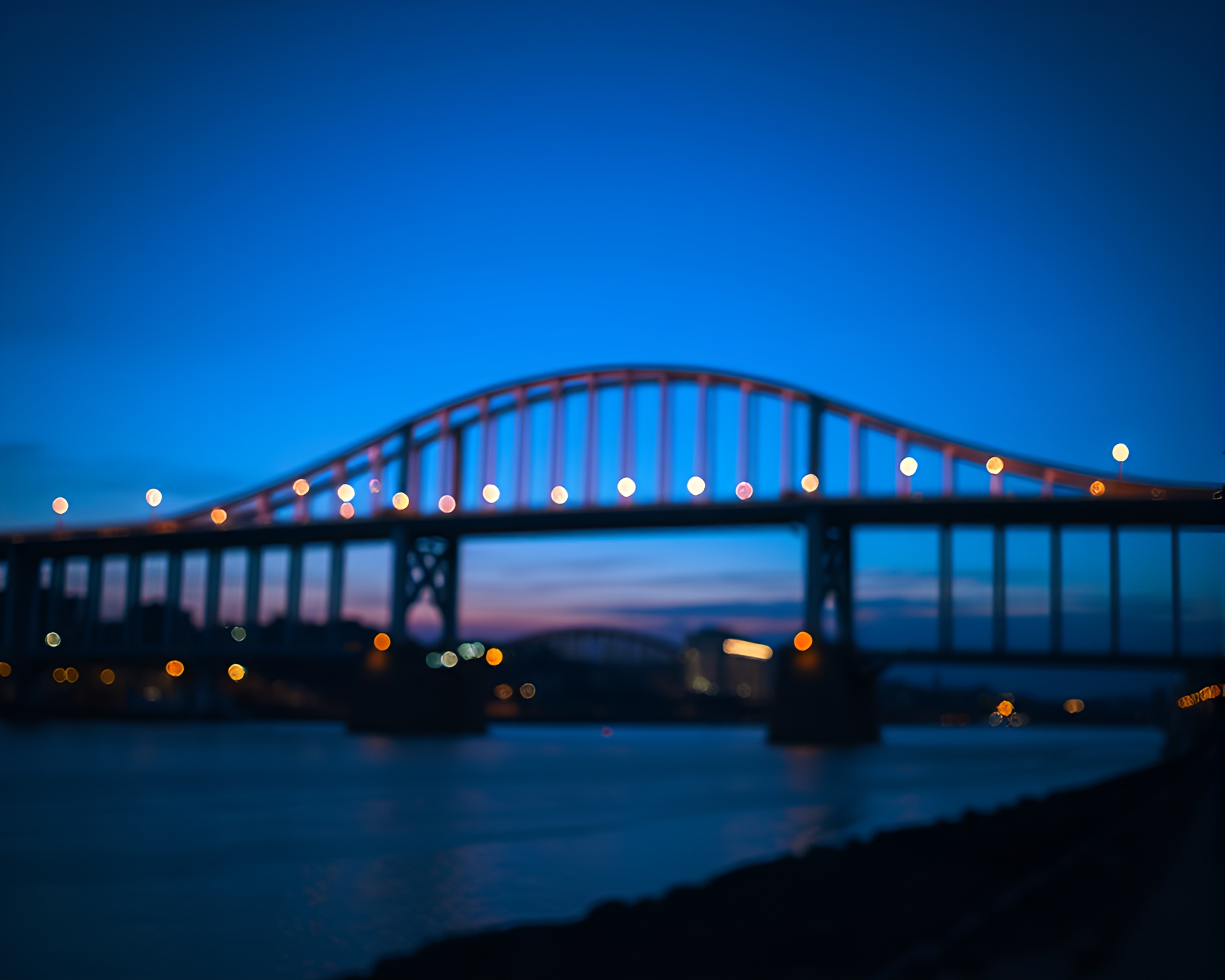 Twilight Bridge Reflection in Split Focus Screen Print – free AI stock image