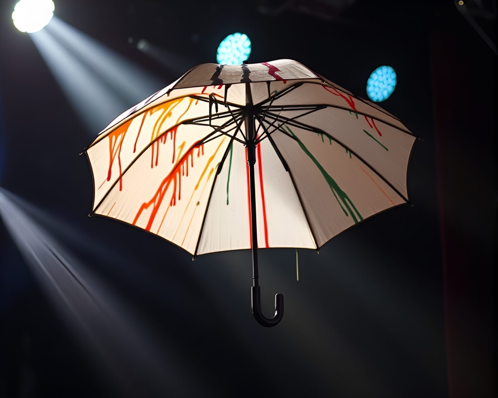 An artistic depiction of an umbrella under stage spotlight