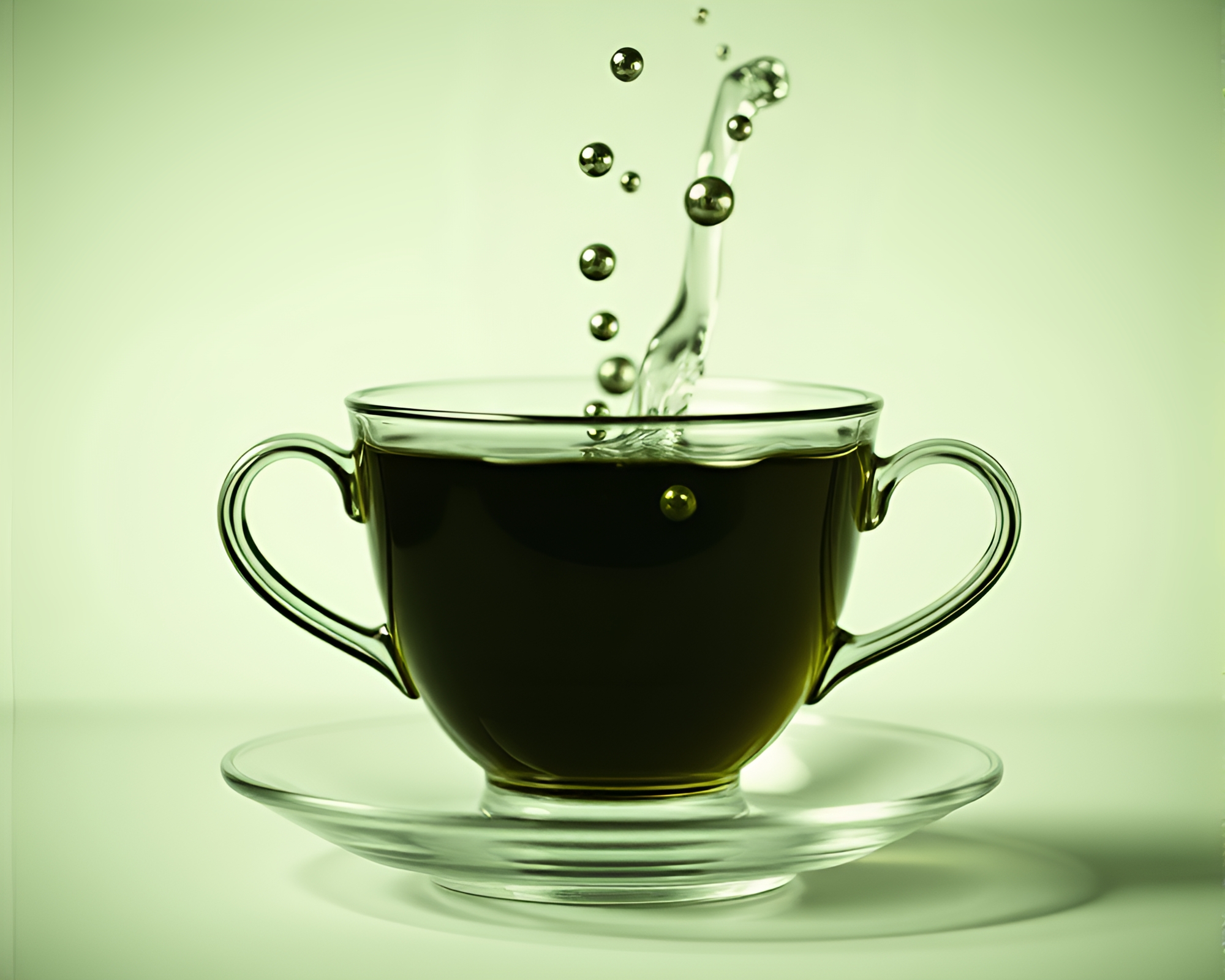 Tranquil Floating Tea Cup in Green Monochrome – free AI stock image