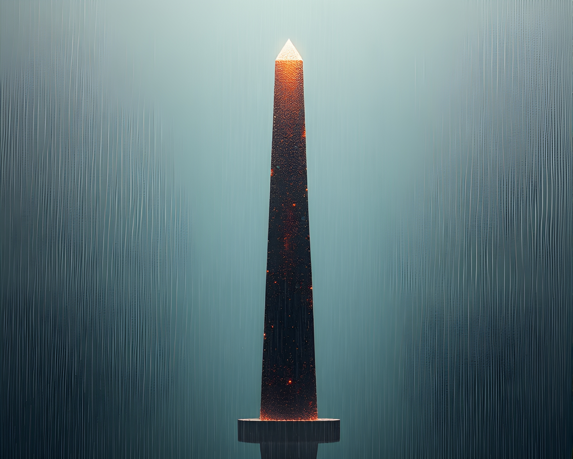 Cybernetic Obelisk Emerges in Earth-Toned Rain Droplets – free AI stock image