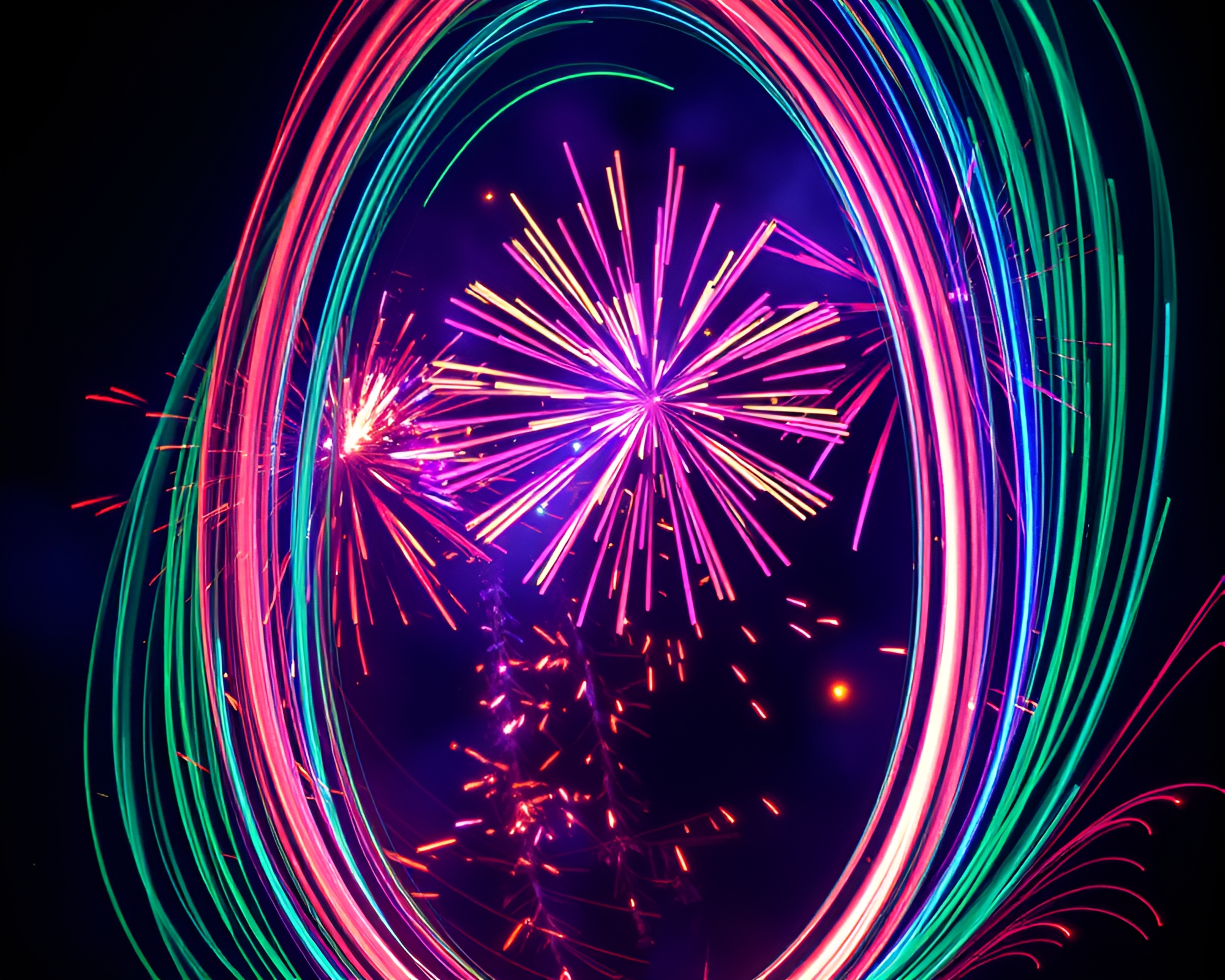 Psychedelic Festival Fireworks Show with Scan Lines – free AI stock image
