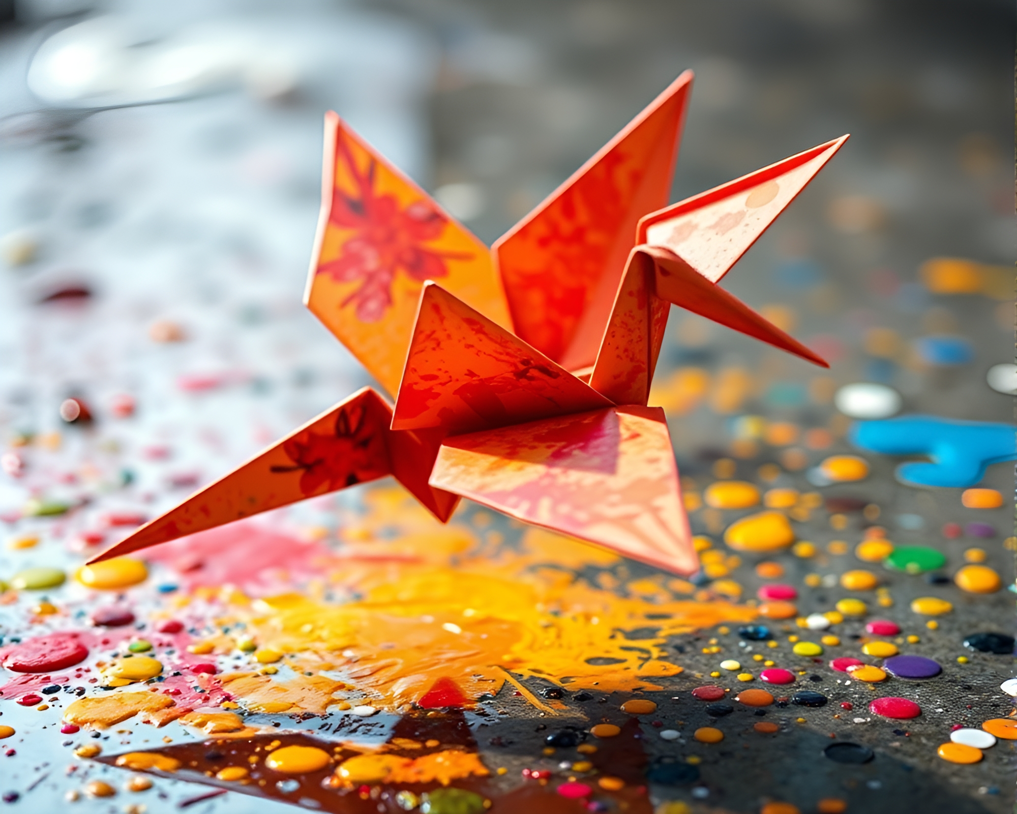 Origami crane on vibrant paint splatter palette – free AI stock image