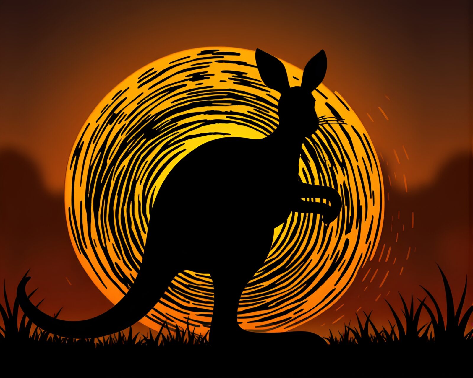 Backlit kangaroo silhouette in cartoon style with fingerprint swirls