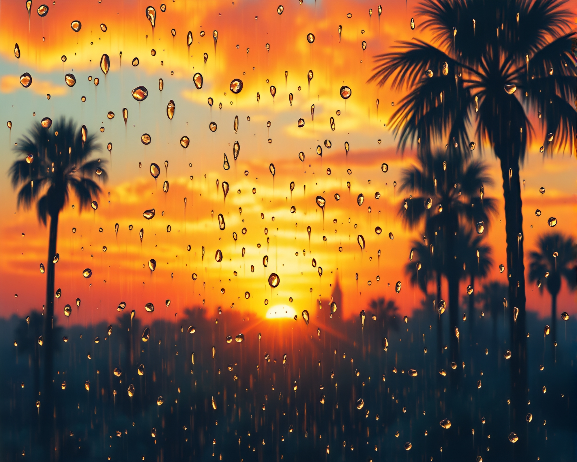 Sunset Savannah Fashion Illustration with Rain Droplets – free AI stock image