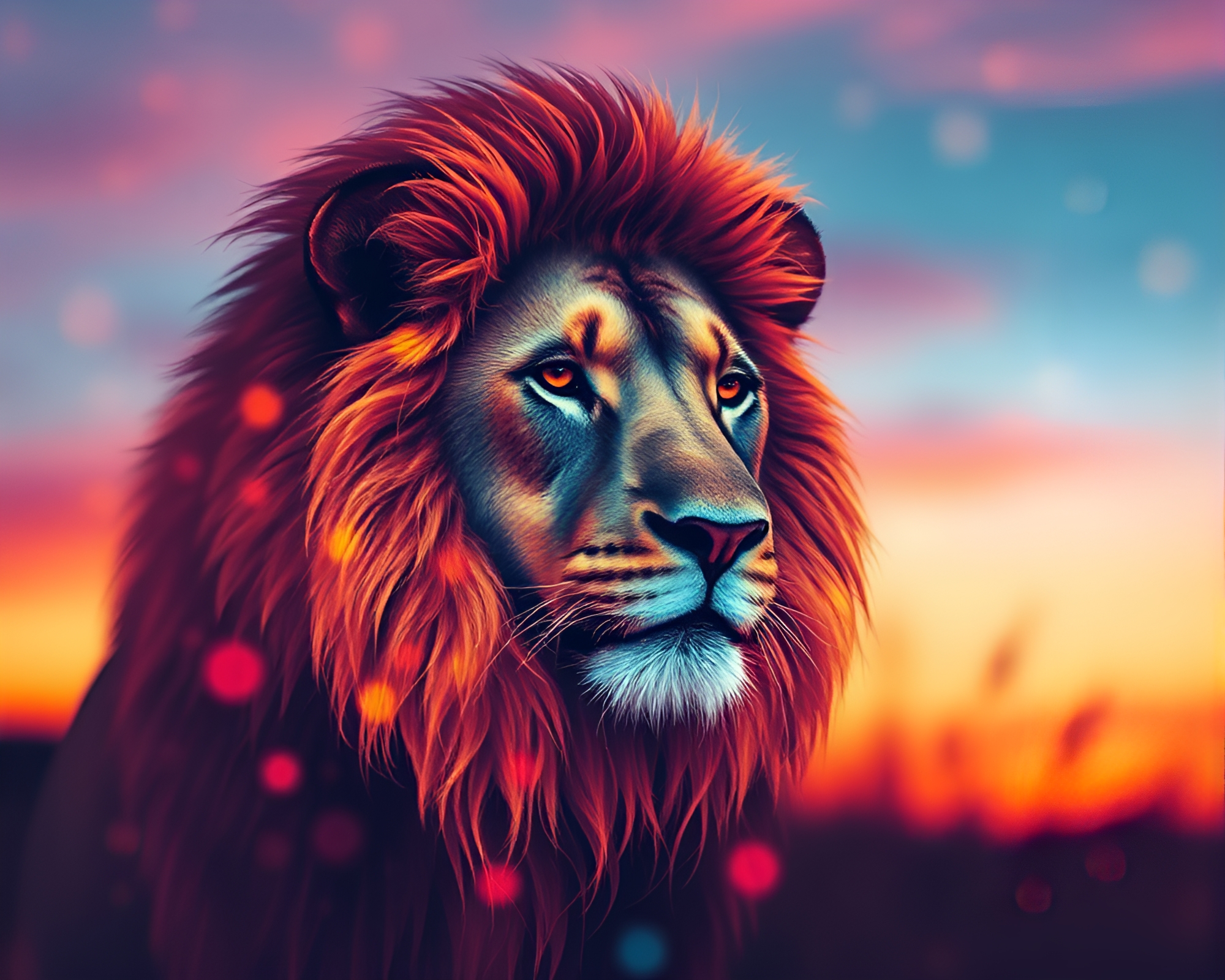 Lion King at Dusk: Pointillist Sunset Portrait – free AI stock image